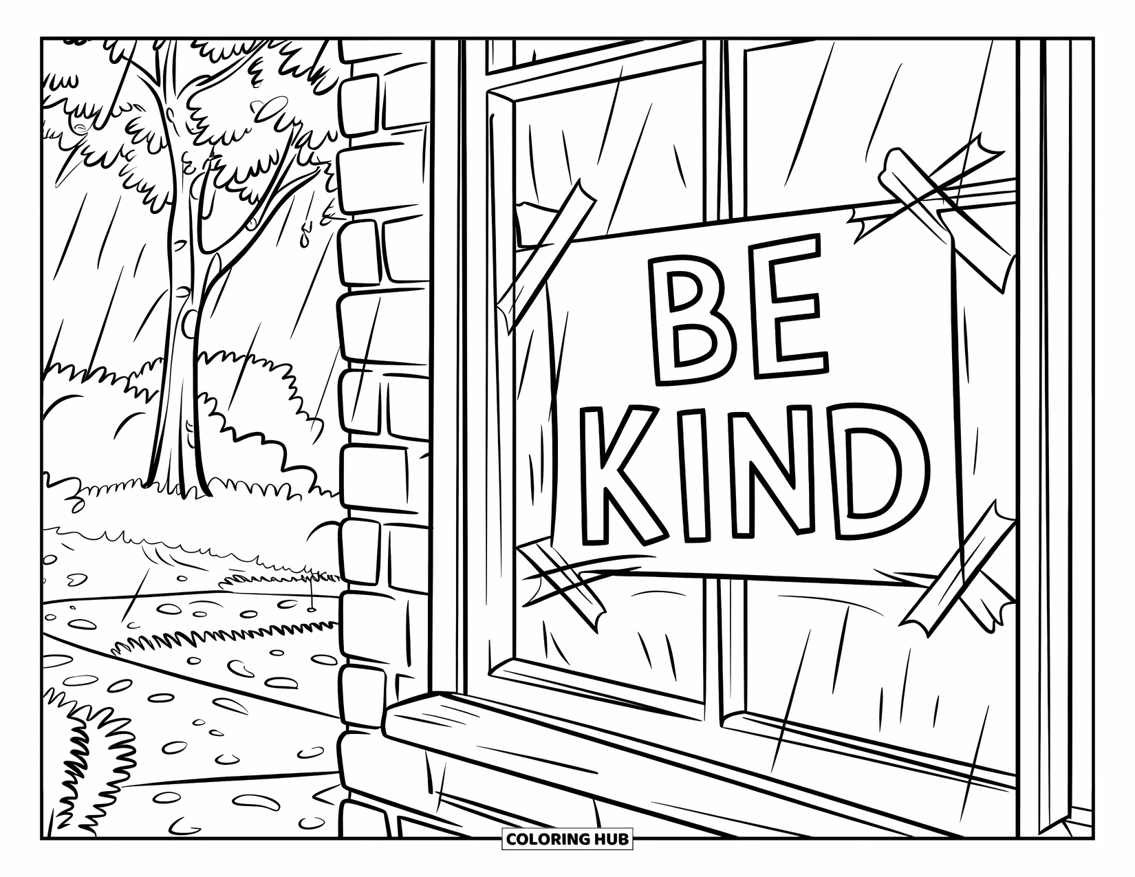 Be Kind Coloring Page for Kids: Rainy day window scene with "Be Kind" sign and wet ground