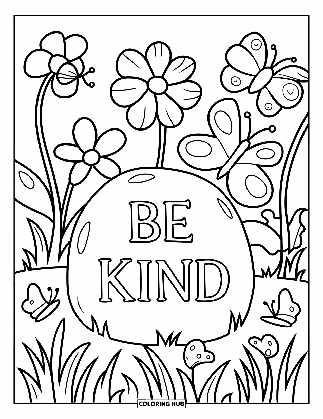 Be Kind Coloring Page for Kids: Stone engraved with "Be Kind" in flower garden with butterflies