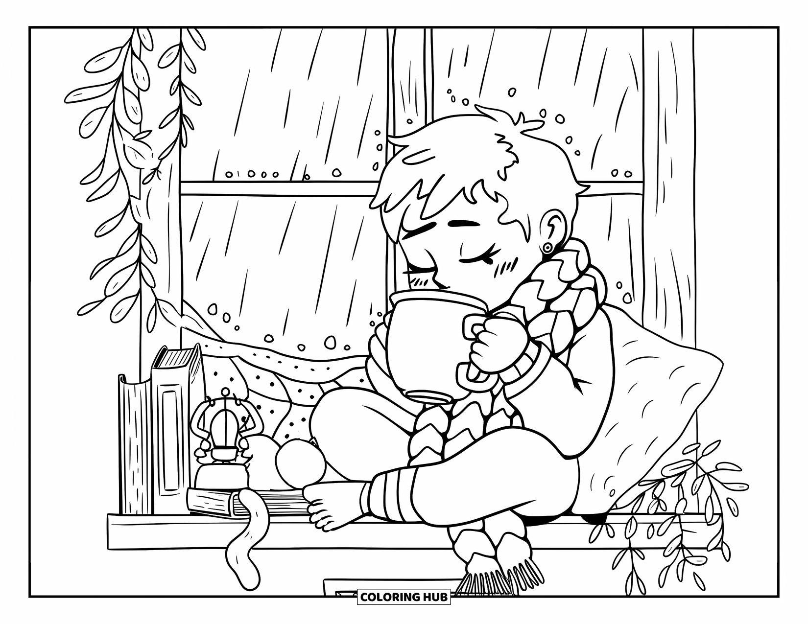 Bedroom Coloring Page for Adults: A boy relaxes on a windowsill with a scarf, hot drink, plushie, and rainy view