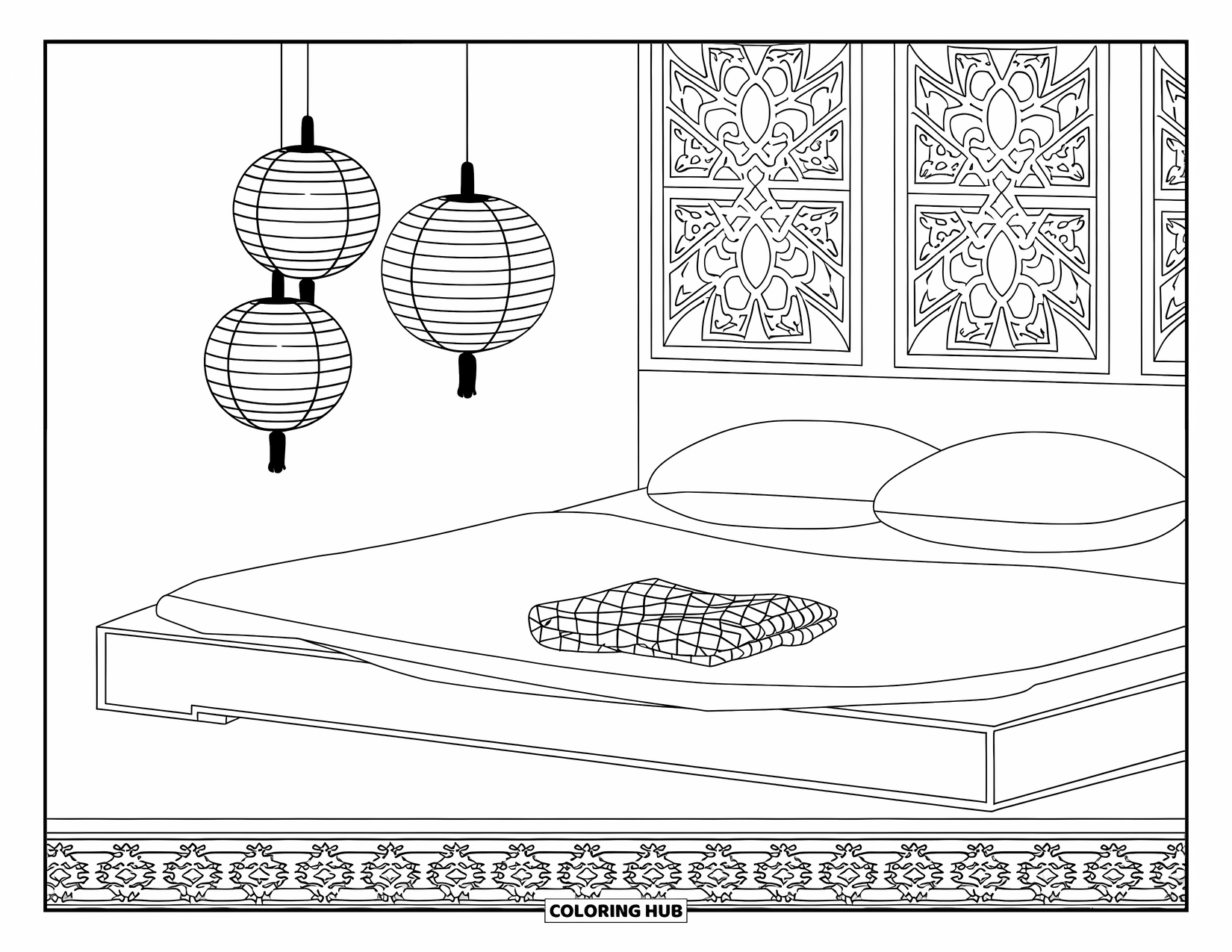Bedroom Coloring Page for Adults: A calm bedroom scene with a platform bed, lanterns, and patterned walls