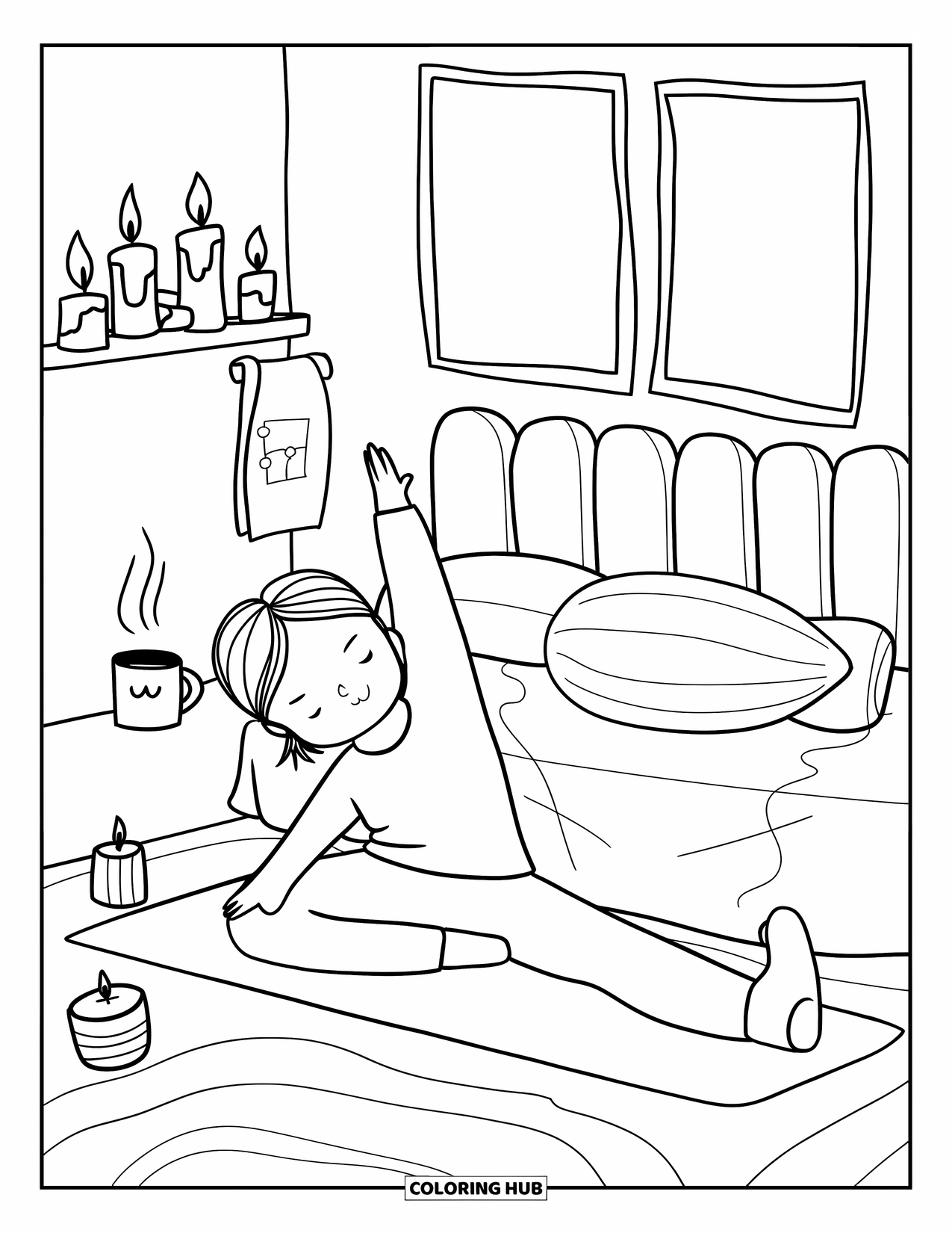 Bedroom Coloring Page for Adults: A chibi adult stretches near candles, a mug, and cozy bedroom details