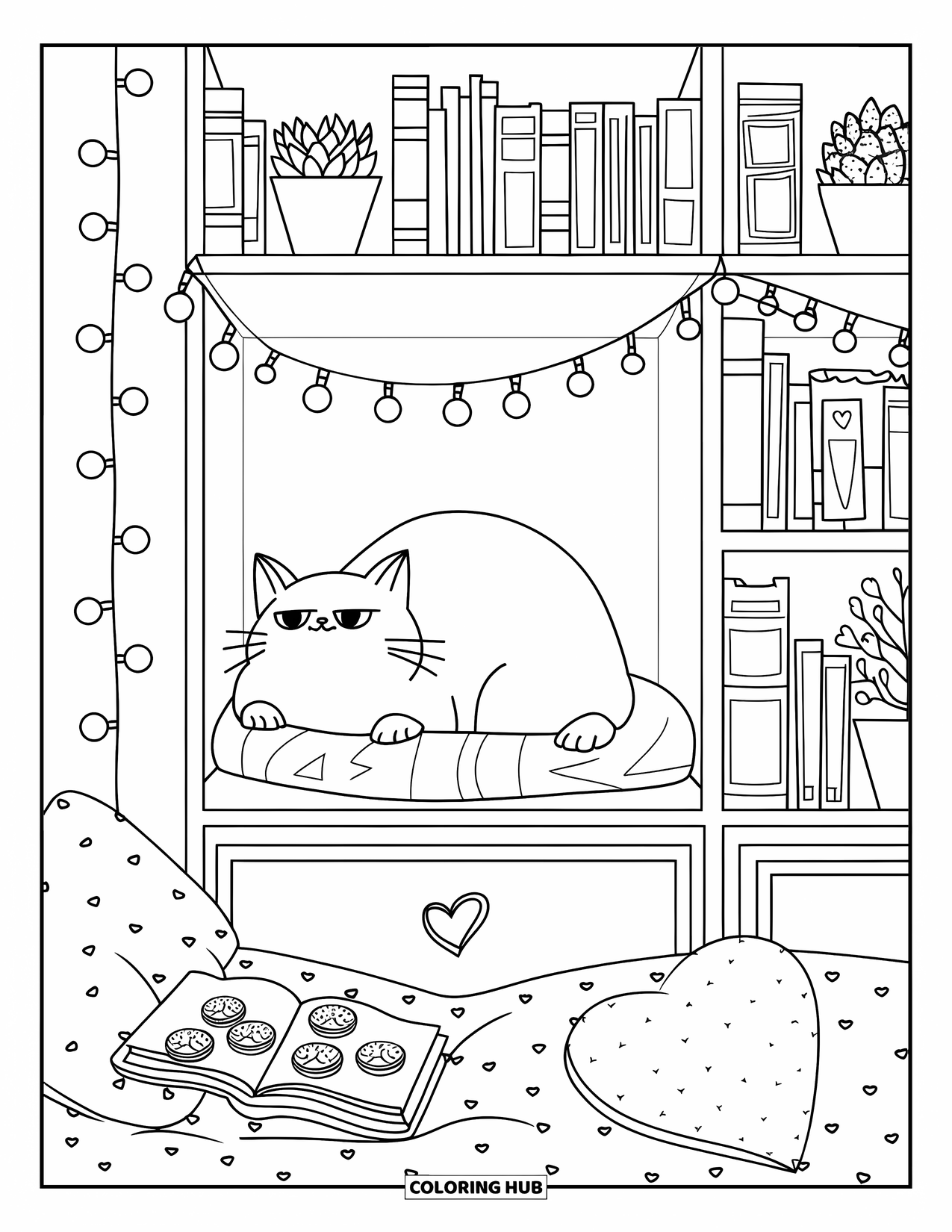 Bedroom Coloring Page for Adults: A chubby cat lounges in a shelf nook with fairy lights, cookies, and succulents nearby
