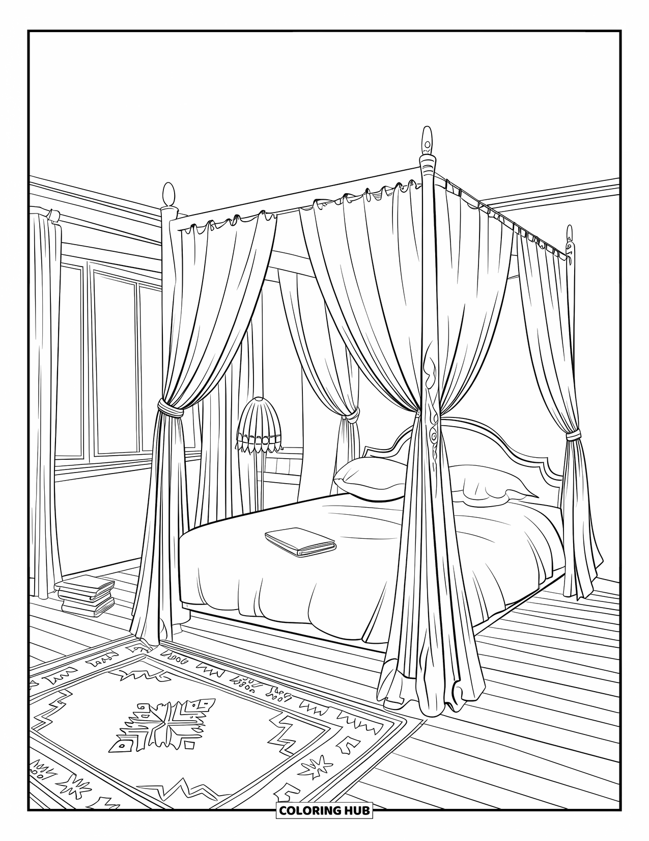 Bedroom Coloring Page for Adults: A cozy bed with sheer drapes, decorative lamp, and a book on the pillow