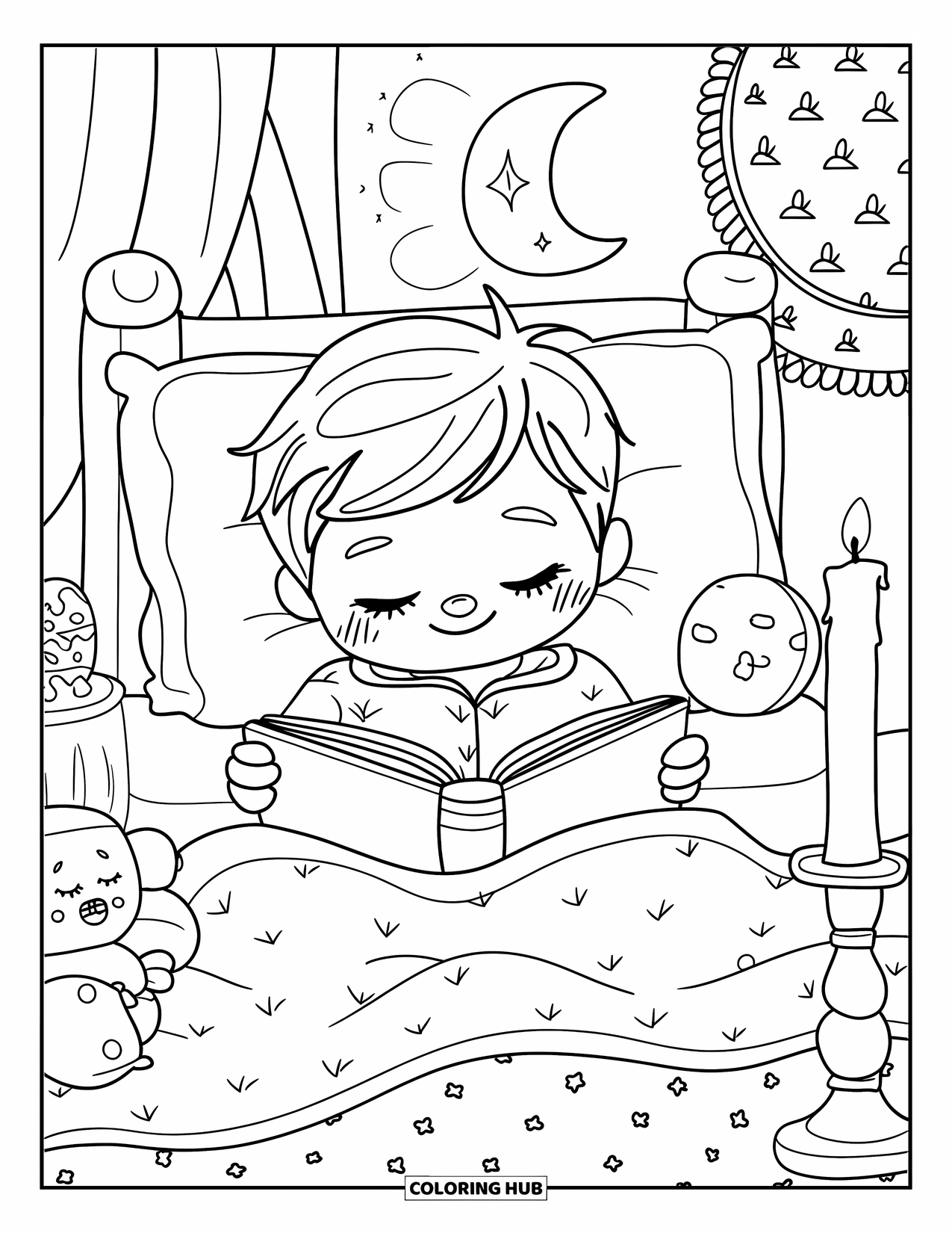 Bedroom Coloring Page for Adults: A cozy boy in oversized pajamas naps mid-book with toys and candlelight nearby
