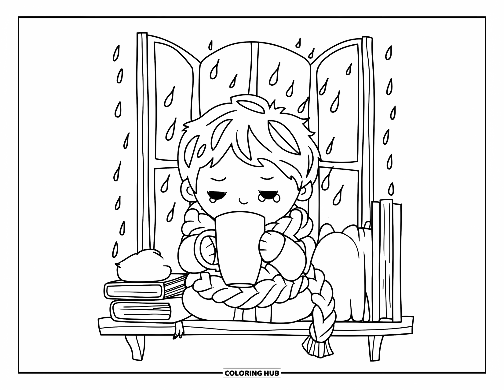 Bedroom Coloring Page for Adults: A cozy boy with messy hair enjoys a warm drink near books, plushie, and rainy window