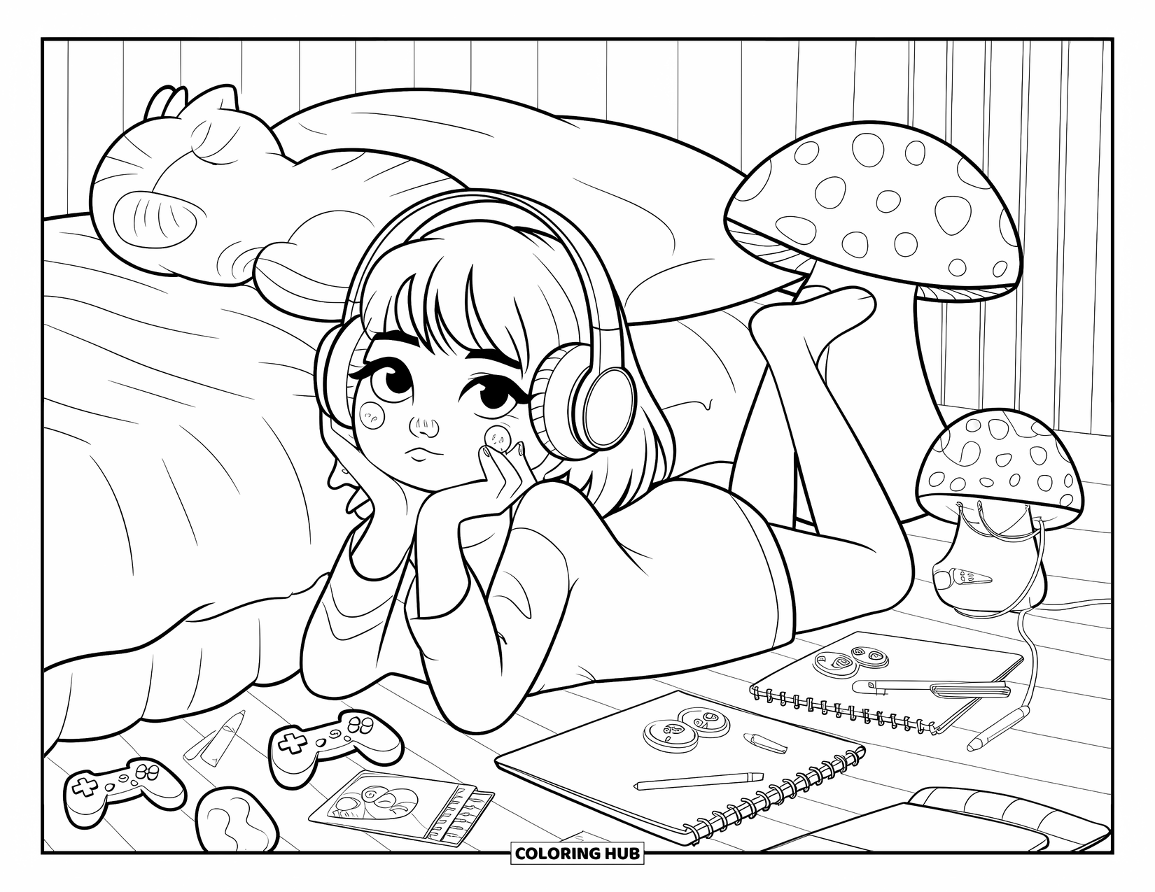 Bedroom Coloring Page for Adults: A cozy girl relaxes on the floor with headphones, sketchpads, and a cat plush nearby