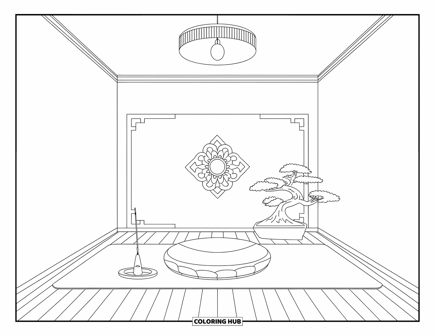 Bedroom Coloring Page for Adults: A meditation nook with a cushion, incense, bonsai, and patterned wall
