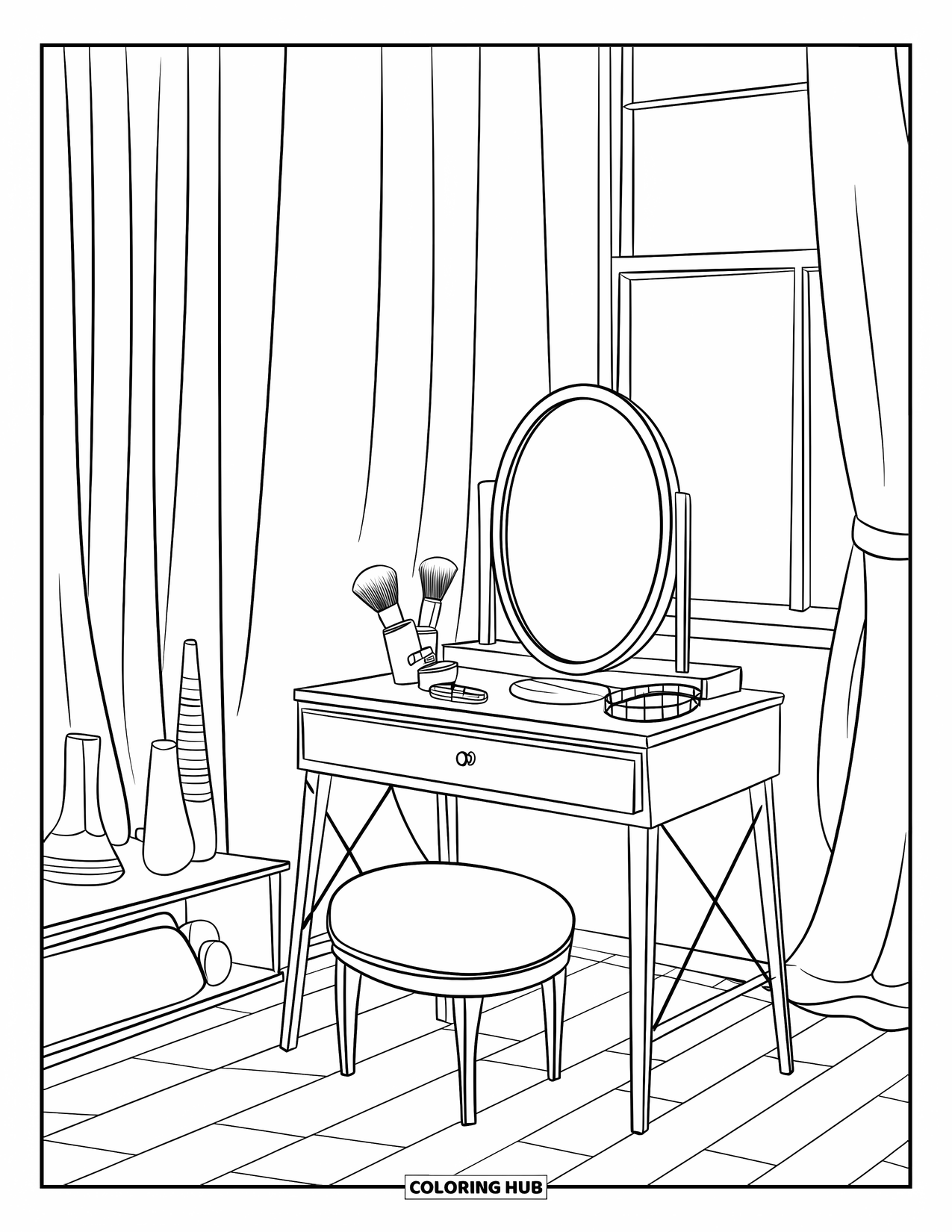 Bedroom Coloring Page for Adults: A minimalist vanity setup with a mirror, brushes, tray, and light curtains behind