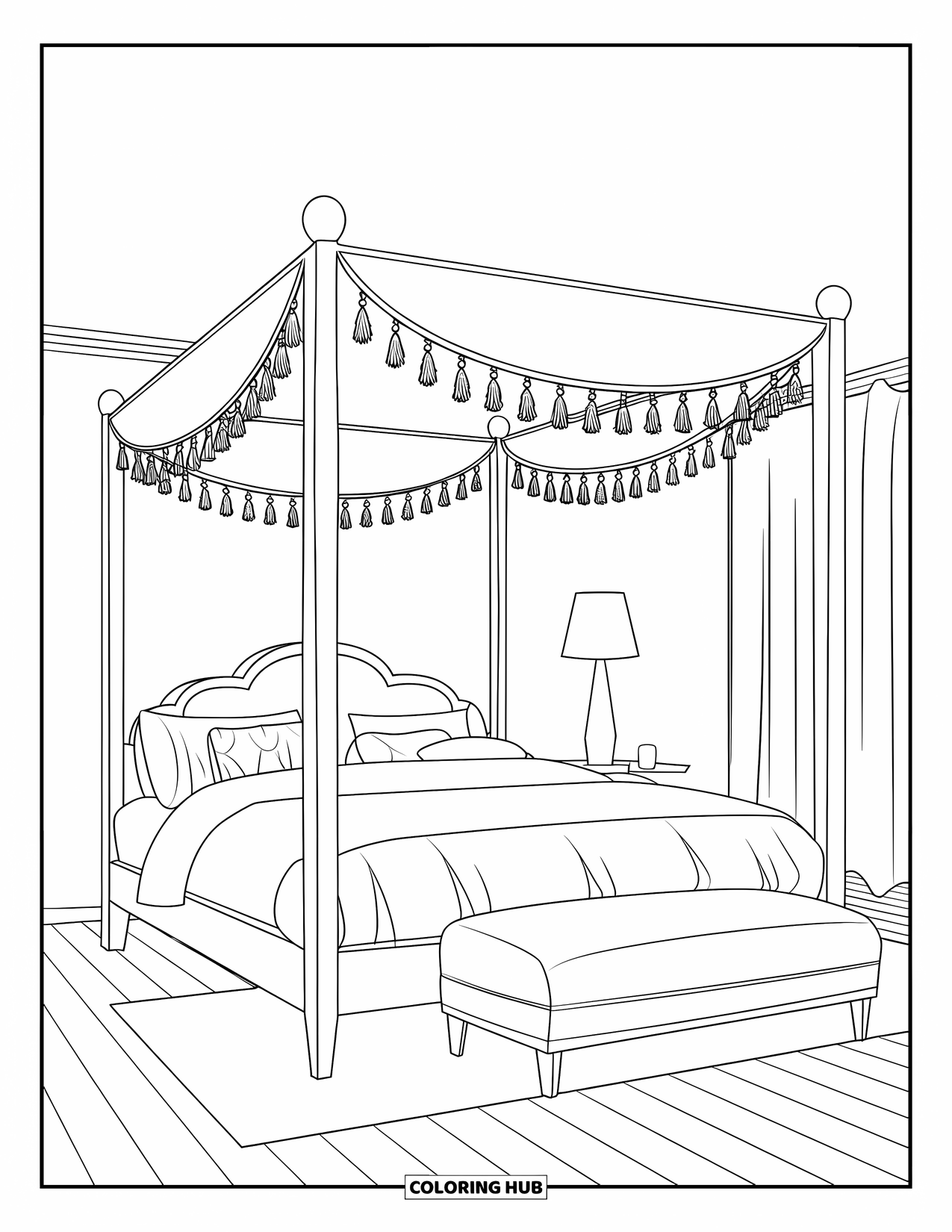 Bedroom Coloring Page for Adults: A modern canopy bed with tassels, soft linens, and a footstool in a cozy room