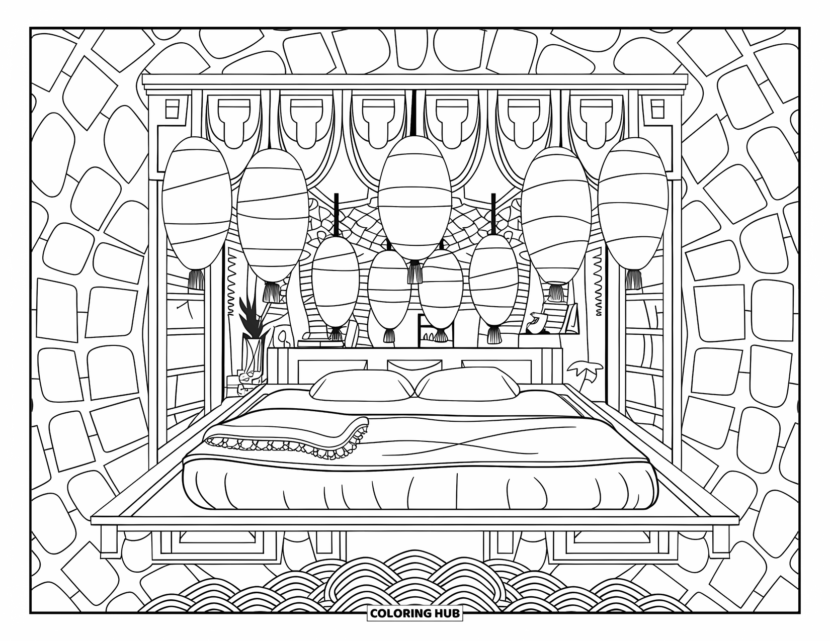 Bedroom Coloring Page for Adults: A peaceful room with a low bed, lanterns, folded blanket, and circle-patterned wall