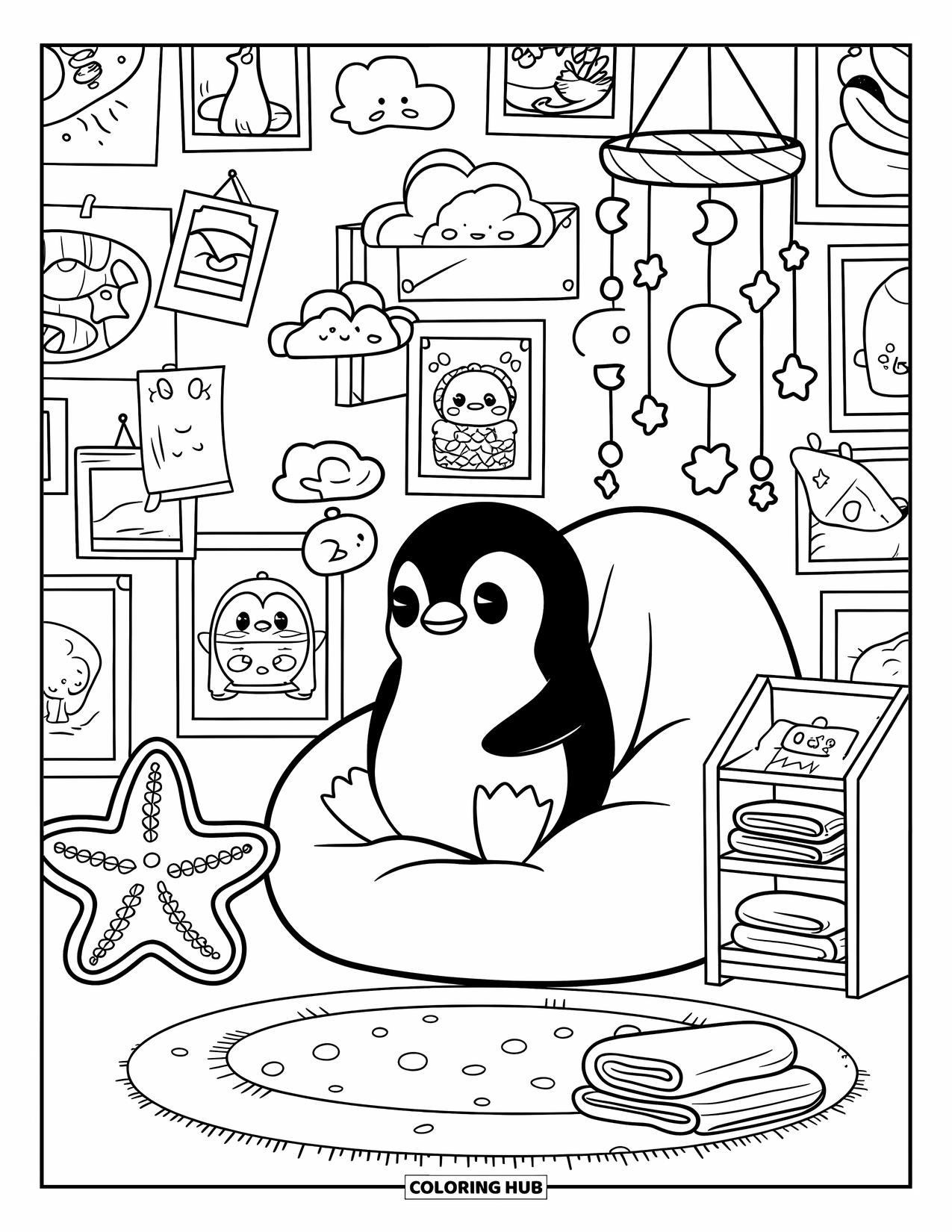 Bedroom Coloring Page for Adults: A penguin relaxes by framed art, a starfish lamp, and a moons-and-clouds mobile