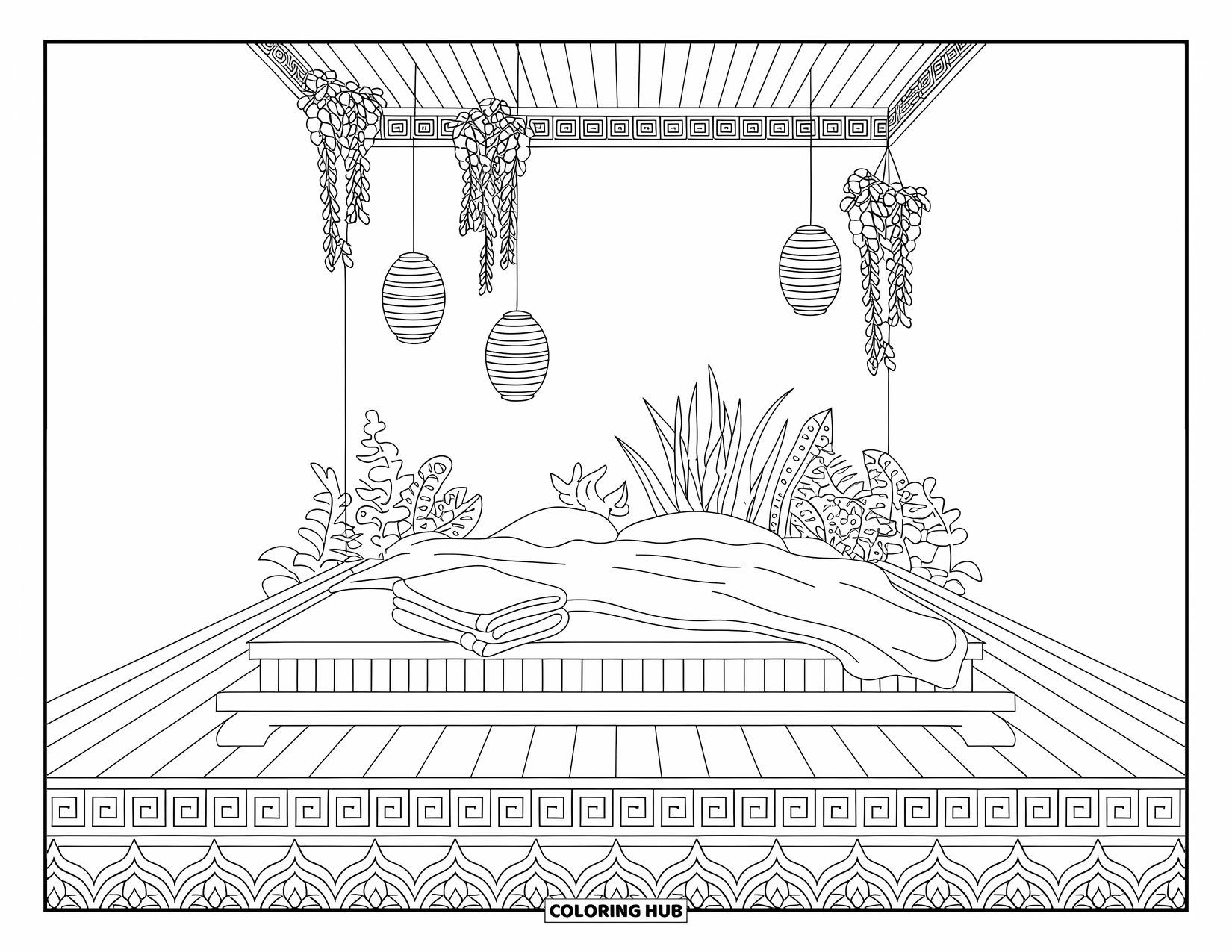 Bedroom Coloring Page for Adults: A serene bedroom with a platform bed, lanterns, plants, and a folded blanket