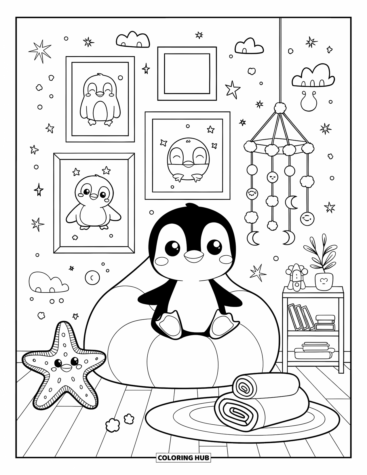 Bedroom Coloring Page for Adults: A shy penguin sits near framed doodles, soft lights, and a cozy mobile of clouds
