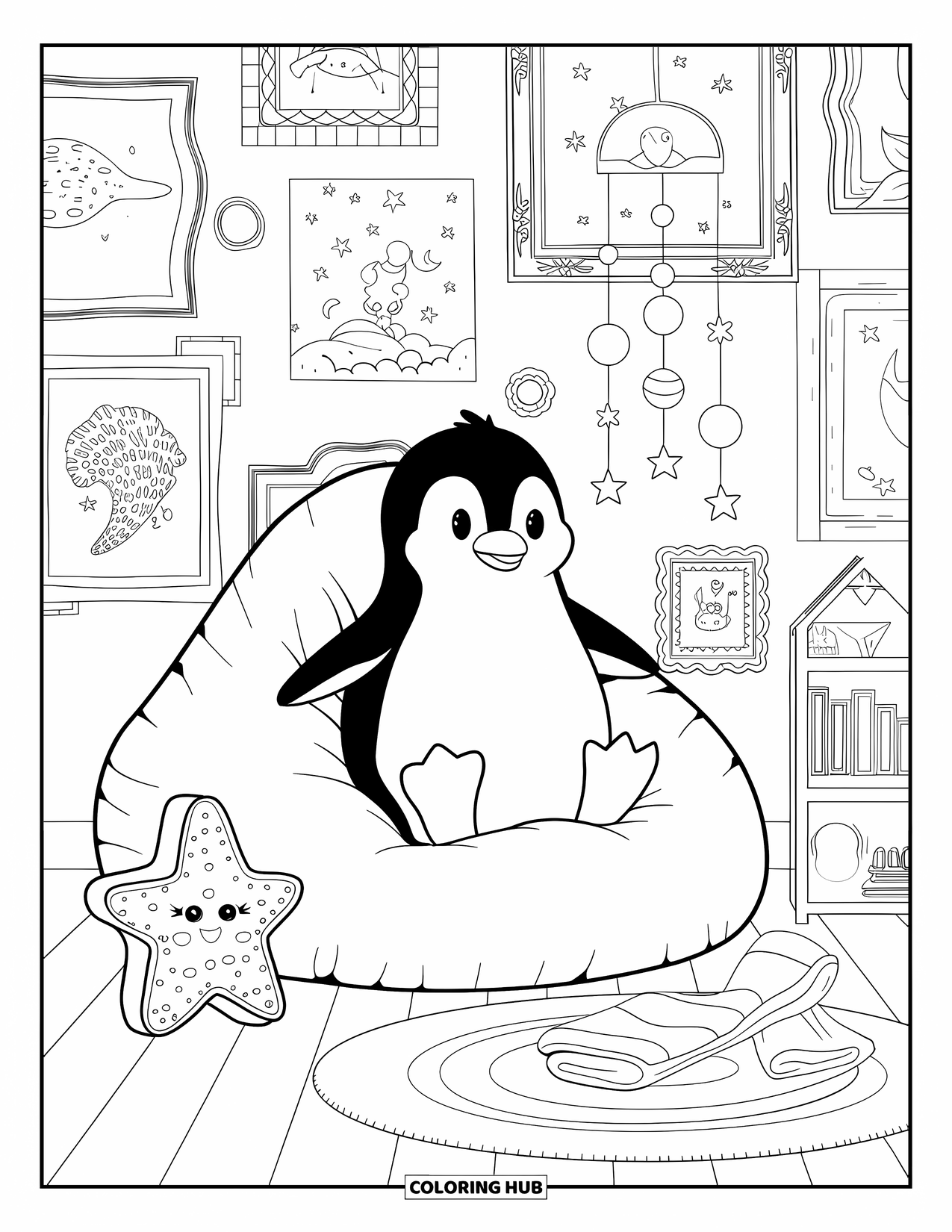 Bedroom Coloring Page for Adults: A shy penguin sits on a beanbag in a cozy room filled with dreamy decorations
