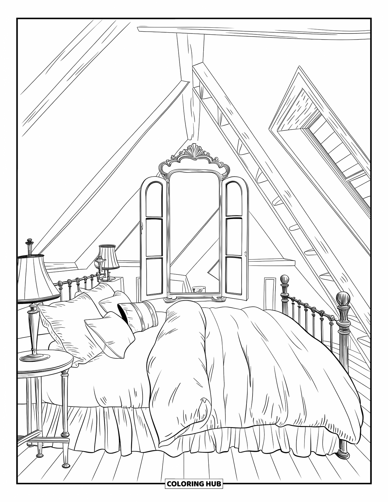 Bedroom Coloring Page for Adults: An attic bedroom with plush bedding, wooden ladder, and a charming vintage mirror
