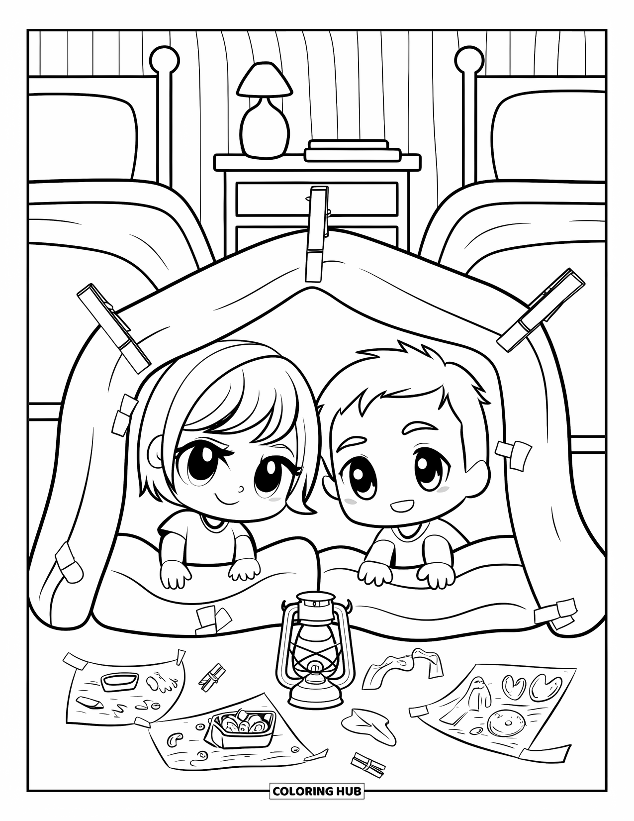 Bedroom Coloring Page for Adults: Kids build a cozy fort between beds using blankets, clothespins, and little decorations