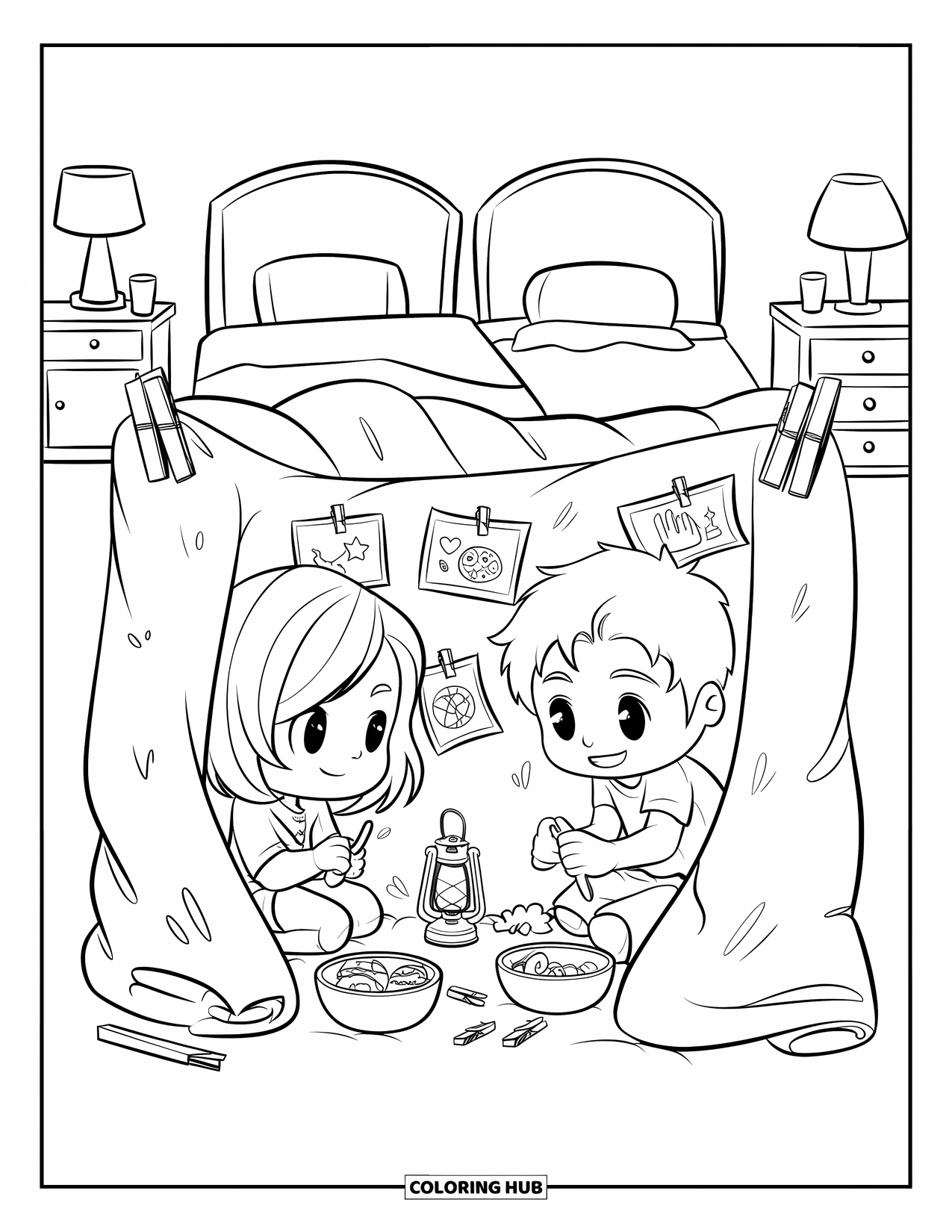 Bedroom Coloring Page for Adults: Two kids make a tiny fort with blankets, snacks, and cute drawings taped inside