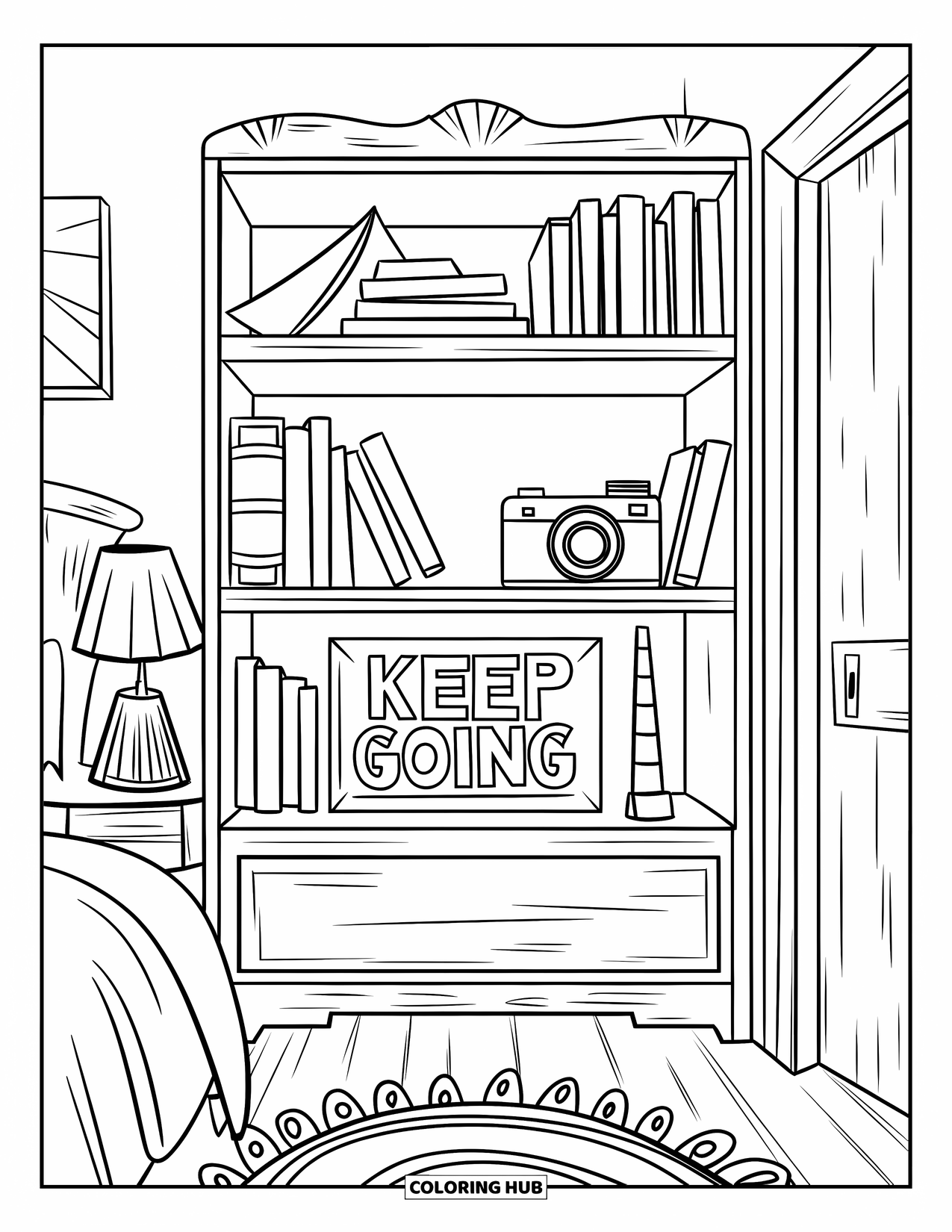 Bedroom Coloring Page for Kids: A bedroom with a shelf, camera, ìKeep Goingî sign, and a lamp by the bed
