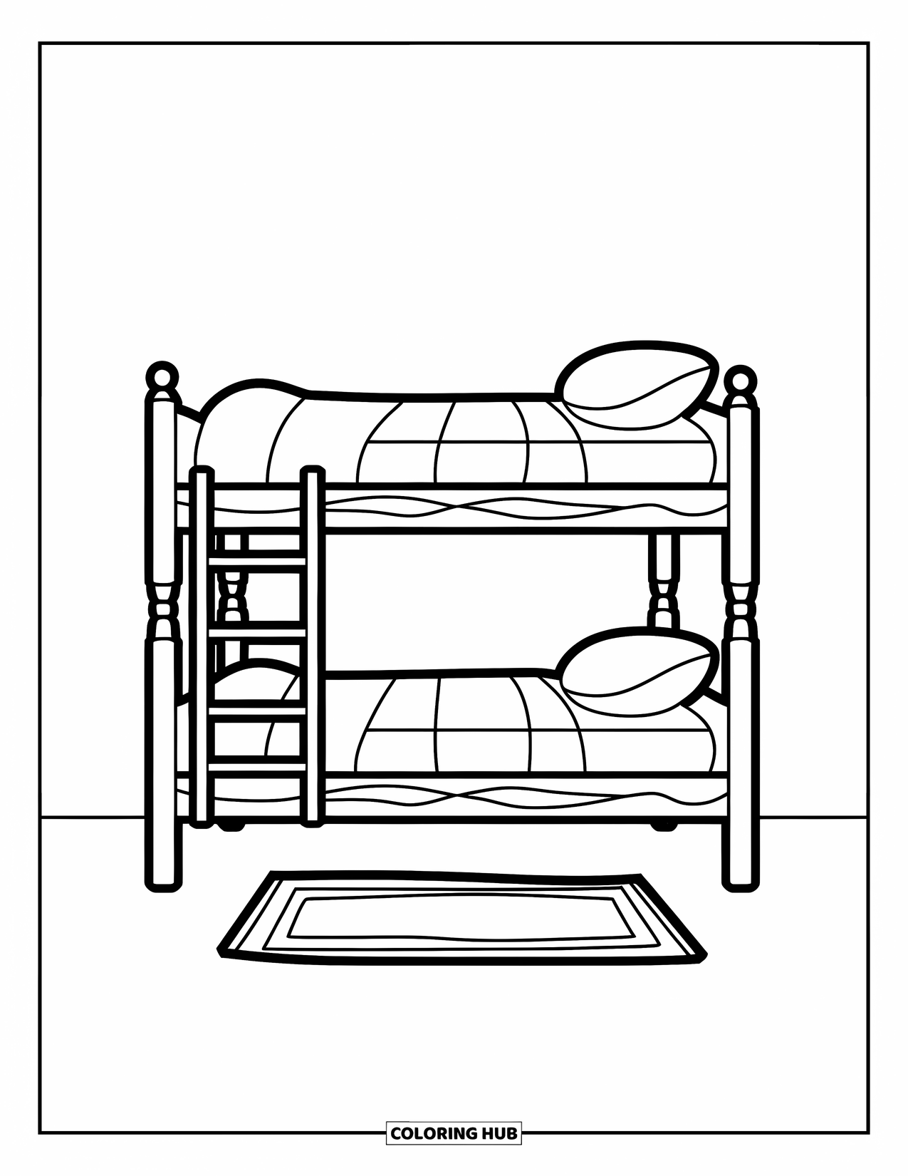 Bedroom Coloring Page for Kids: A bunk bed with two mattresses, a pillow, and a simple rug below
