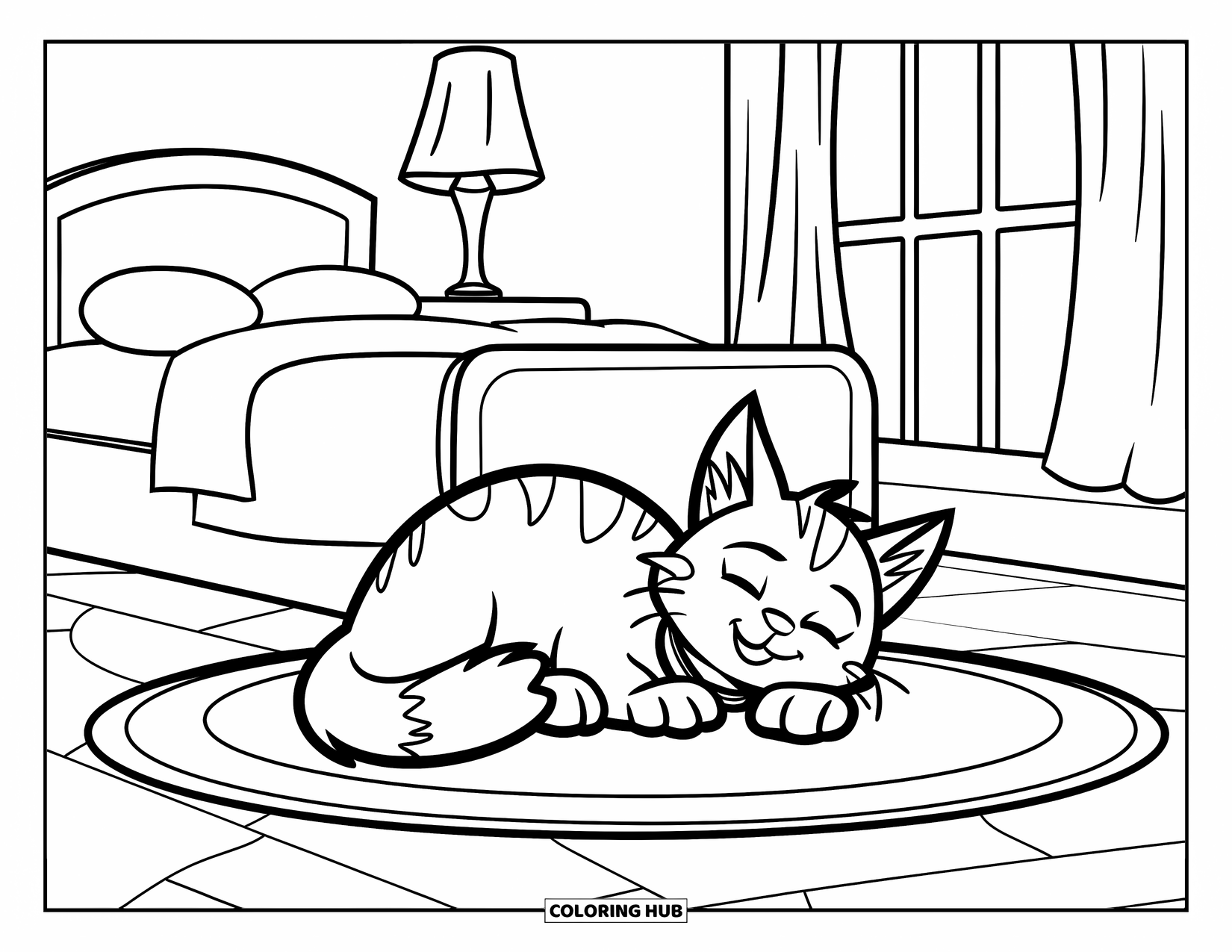 Bedroom Coloring Page for Kids: A calm bedroom scene with a cat by the mat, near a bed and soft window light