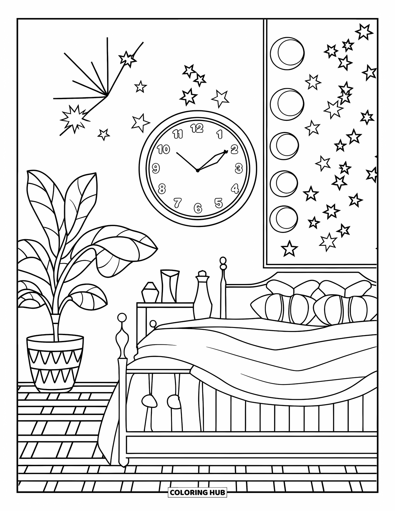 Bedroom Coloring Page for Kids: A calm room with a starry wall design, big clock, and patterned floor