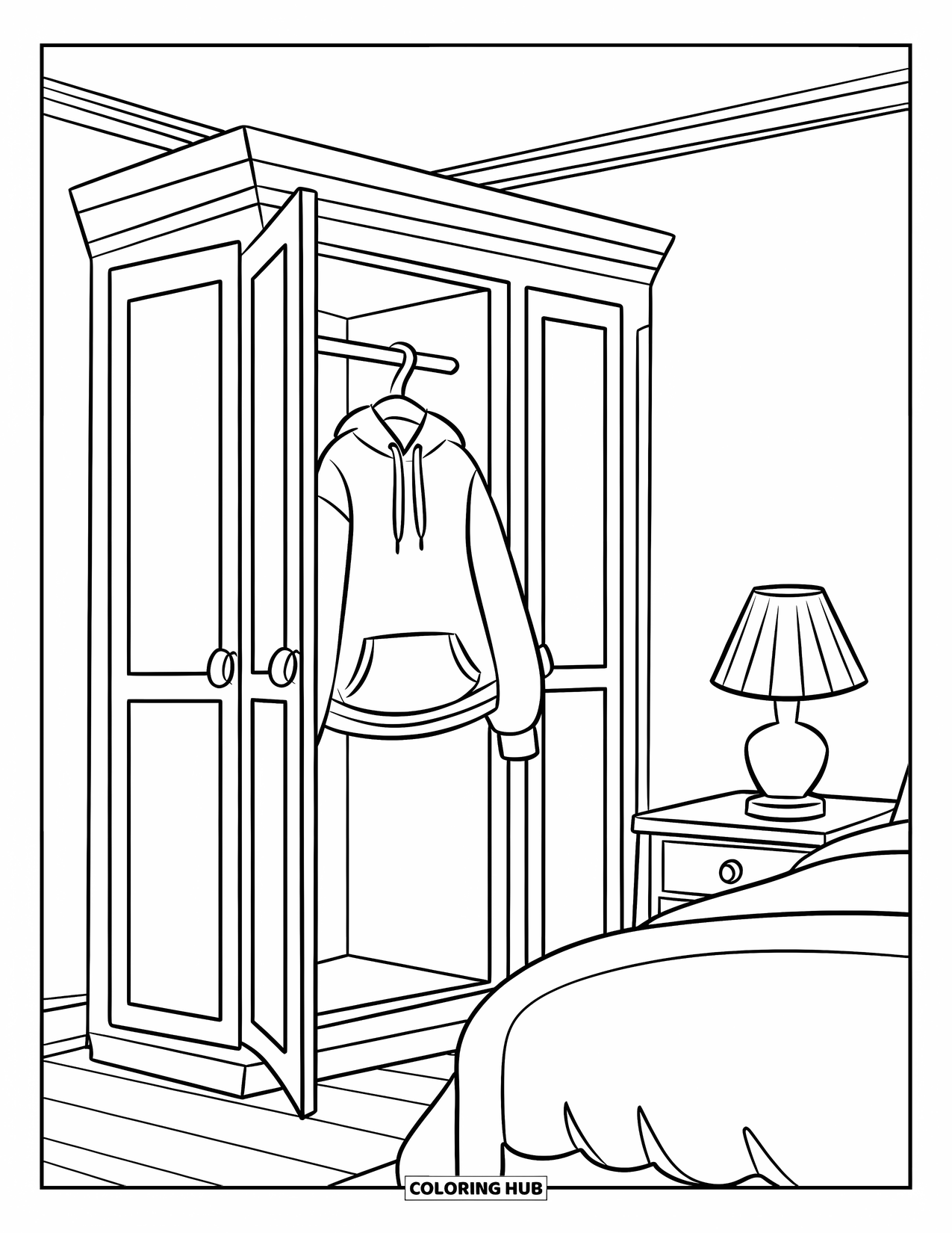 Bedroom Coloring Page for Kids: A calm room with an open wardrobe door, bed, lamp, and clean wooden floor