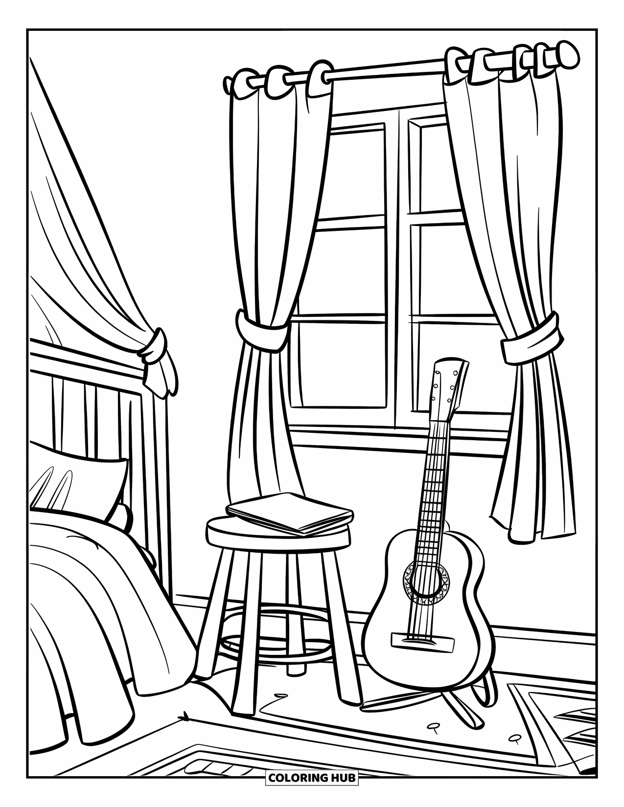 Bedroom Coloring Page for Kids: A calm space with a guitar, stool, notebook, and patterned floor near a window