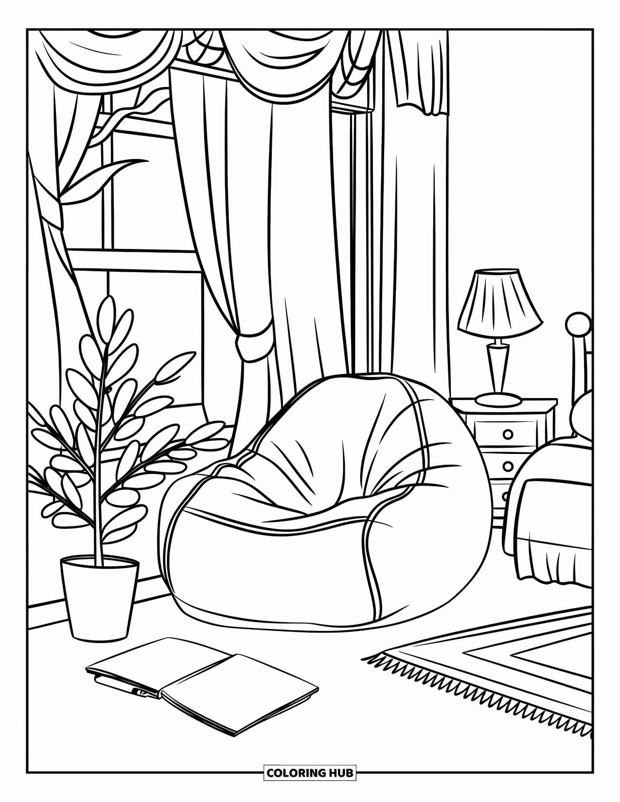 Bedroom Coloring Page for Kids: A chill bedroom corner with a bean bag, sketchbook, and a nearby plant