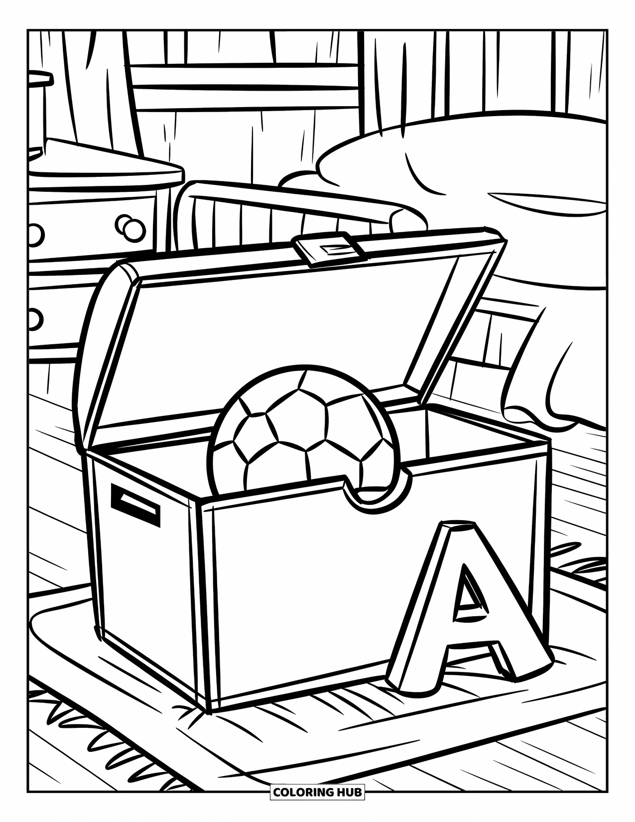 Bedroom Coloring Page for Kids: A clean room with a toy chest, letter block, and ball near the window