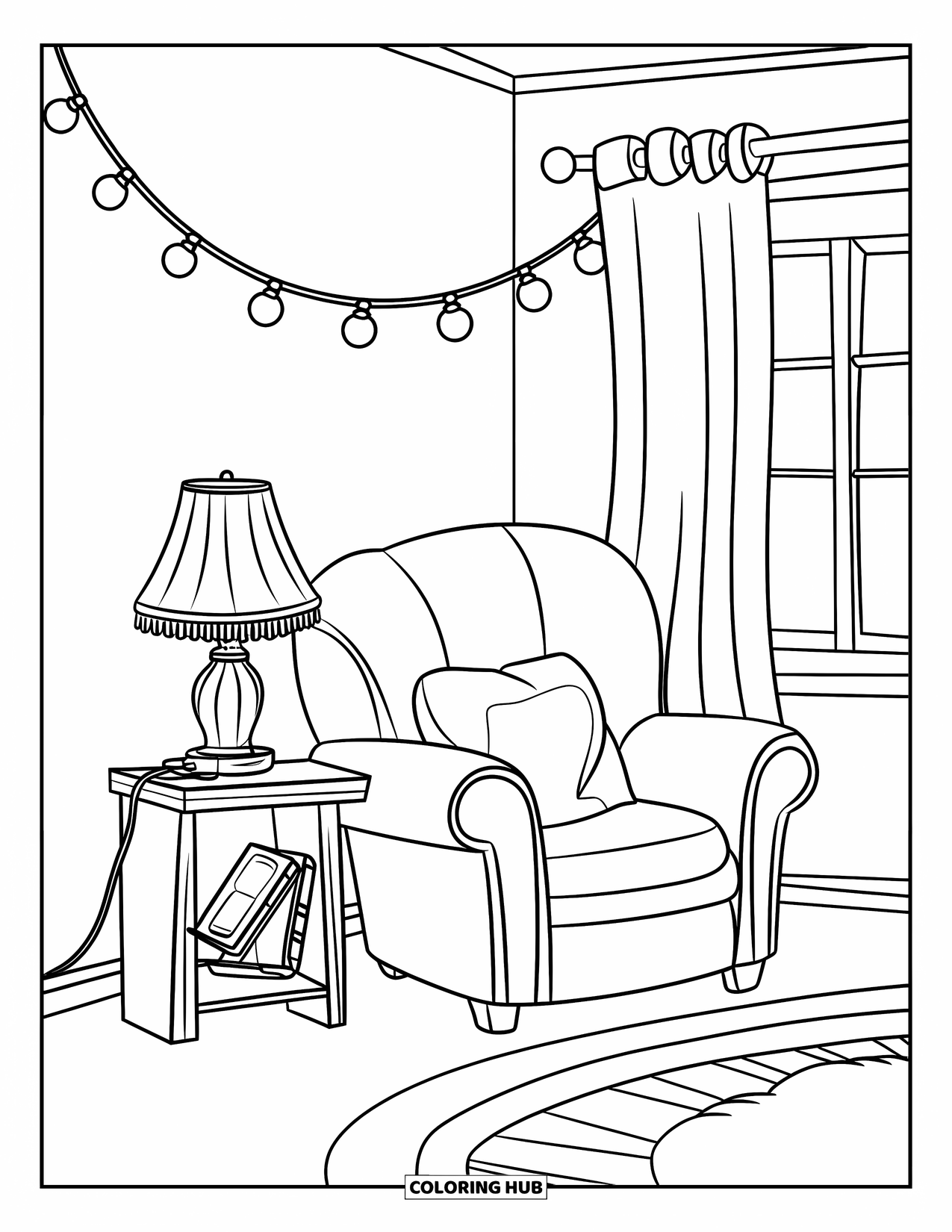 Bedroom Coloring Page for Kids: A comfy chair with string lights, book stand, rug, and a window with curtains