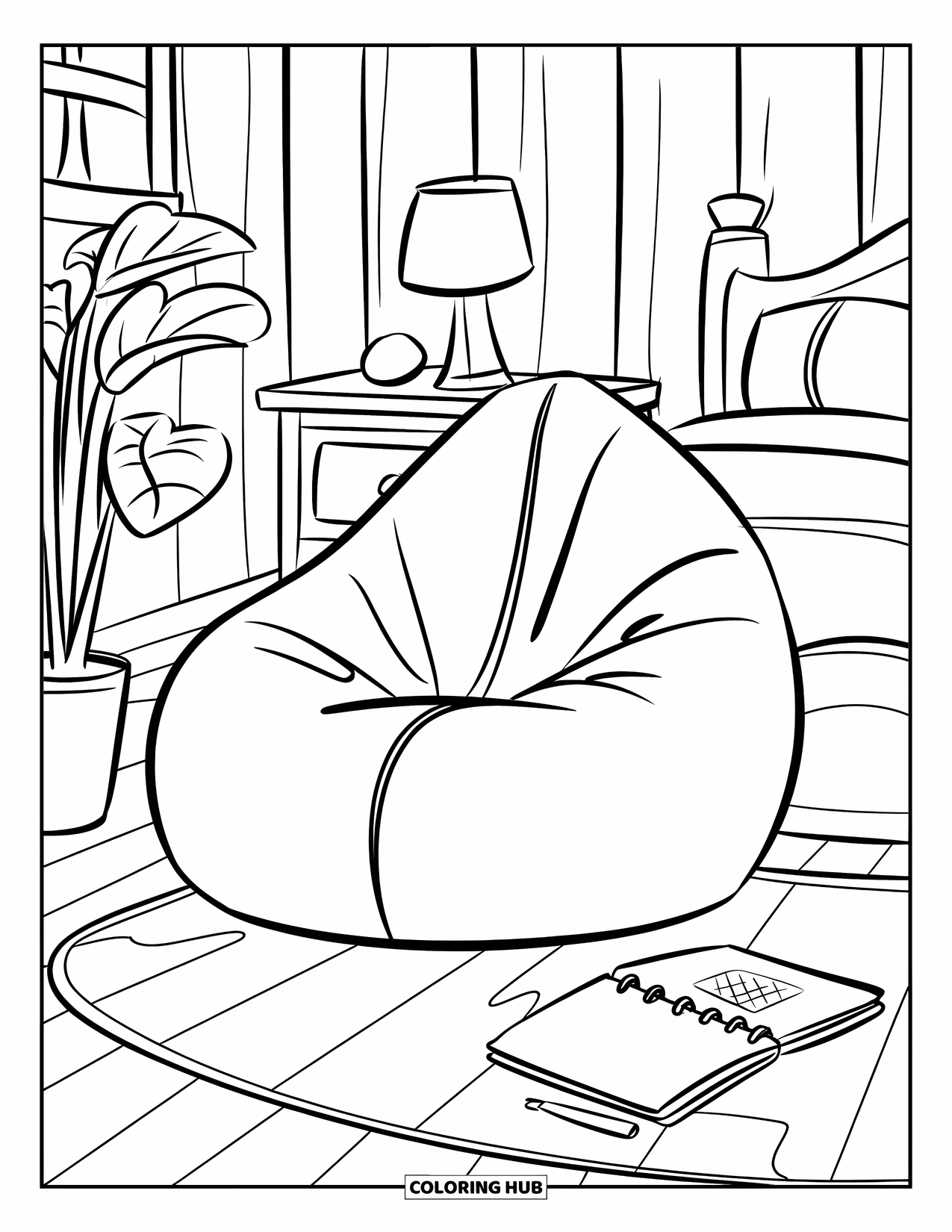 Bedroom Coloring Page for Kids: A comfy nook with a bean bag, sketchbook, plant, and clean wooden floor