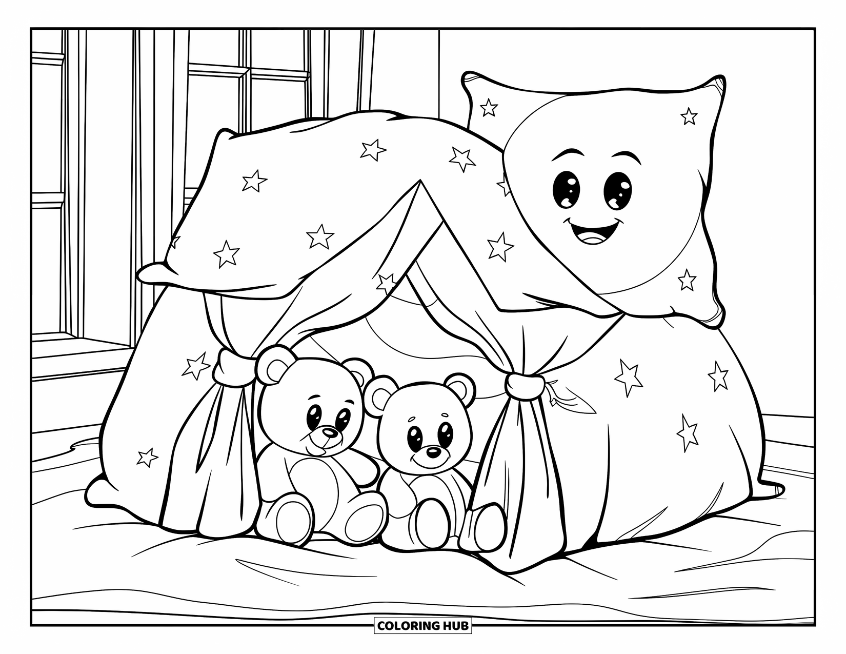 Bedroom Coloring Page for Kids: A comfy pillow fort with teddy bears inside, shaped like a little house