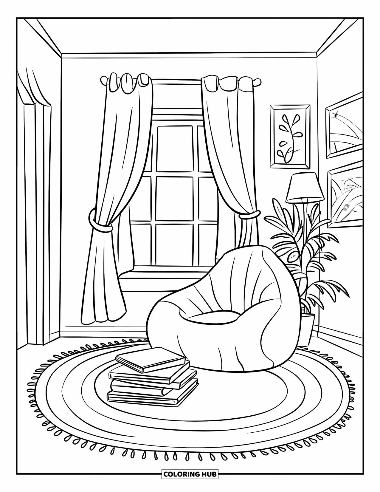 Bedroom Coloring Page for Kids: A comfy reading nook with books, a bean bag, round rug, and a window view