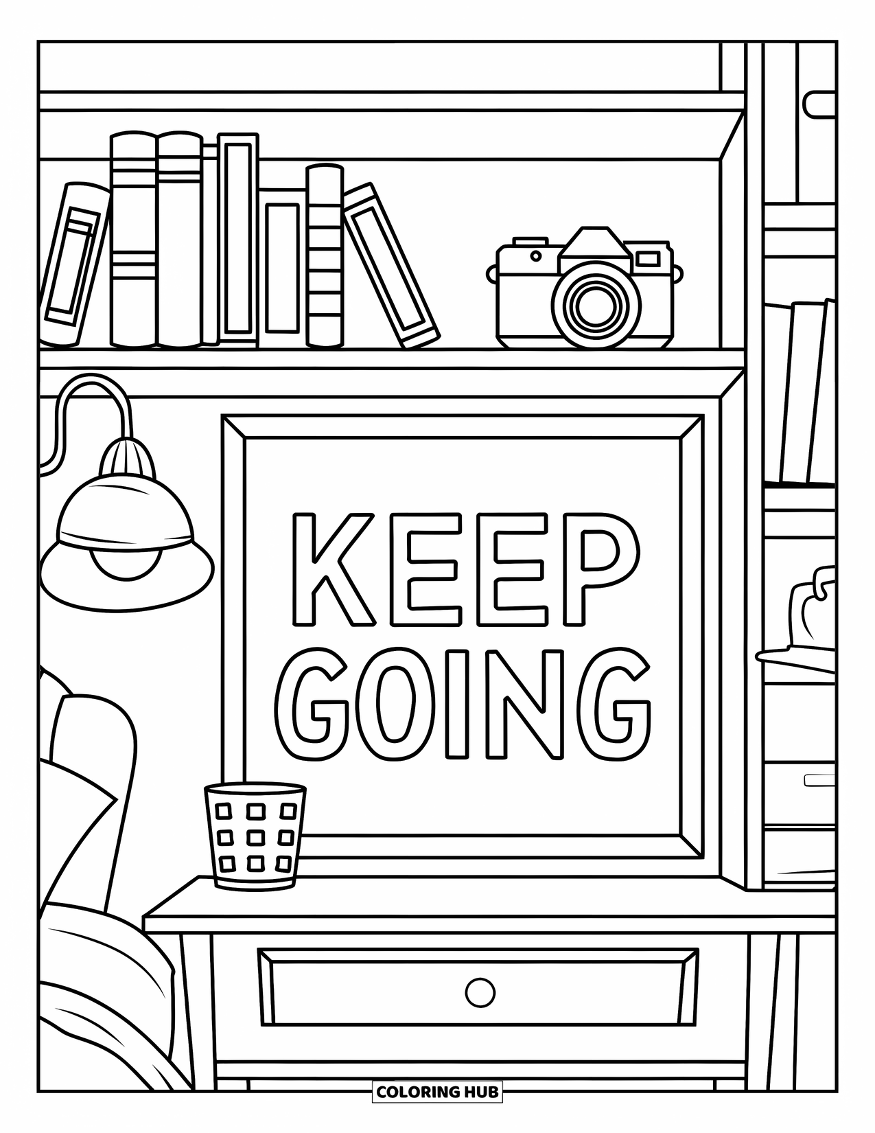 Bedroom Coloring Page for Kids: A comfy space with desk, shelf, books, camera, and a framed motivational quote