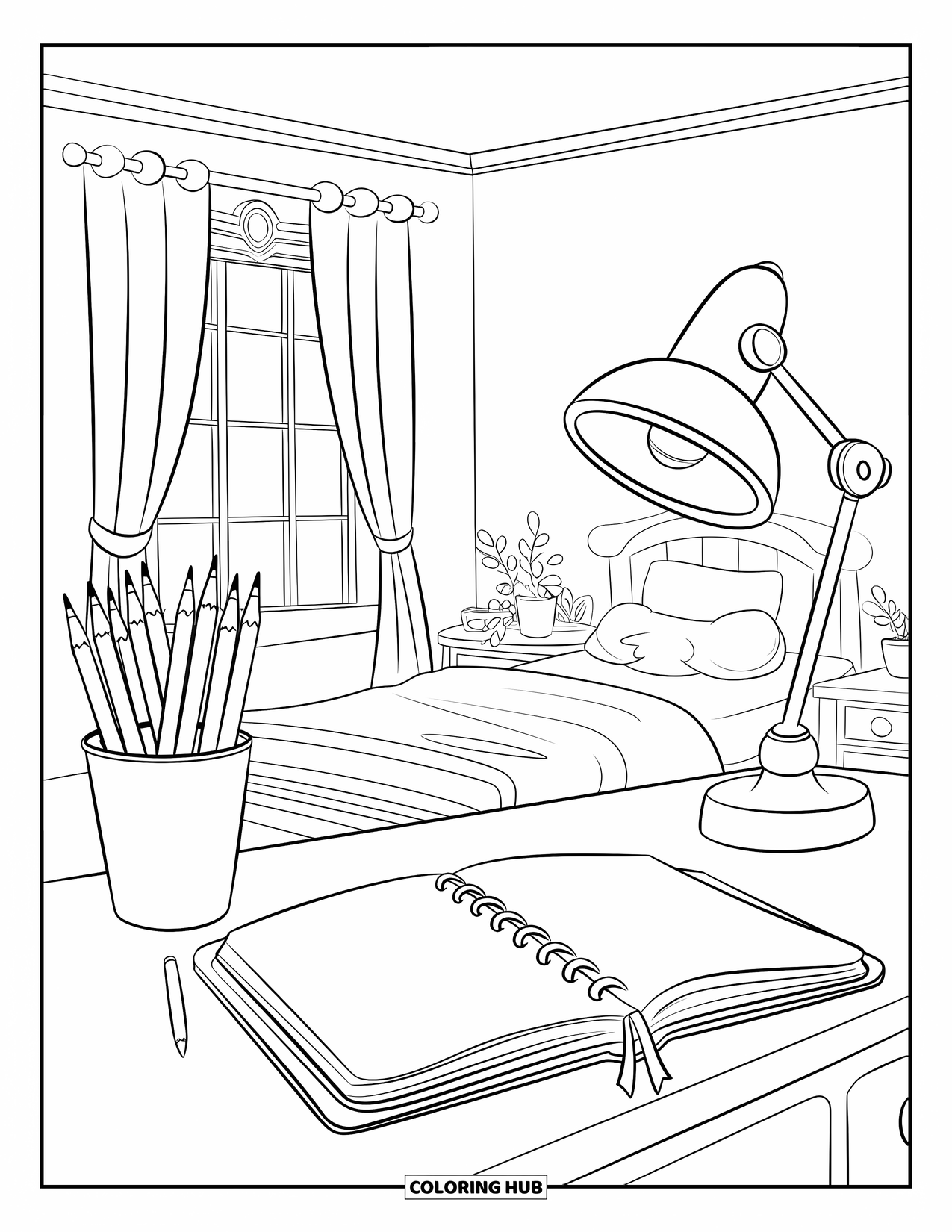 Bedroom Coloring Page for Kids: A cozy desk setup with an open notebook, pencils, plant, and a friendly lamp by the window