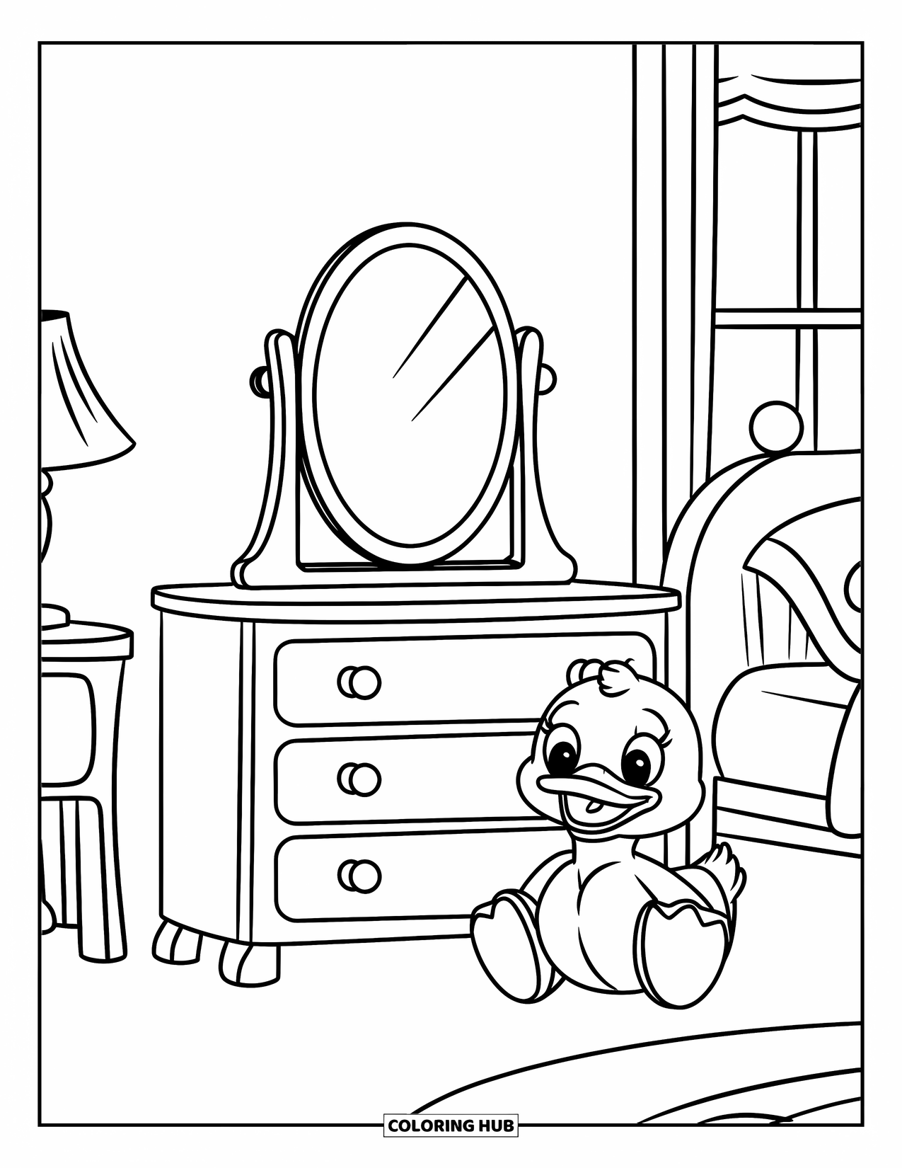 Bedroom Coloring Page for Kids: A cute dresser with a mirror, toy duck, bed, and window in a cozy room