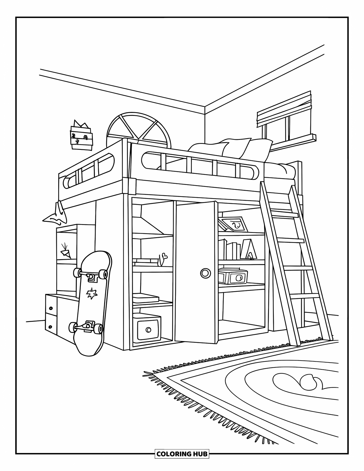Bedroom Coloring Page for Kids: A loft bed with shelves, a ladder, and a skateboard near the rug