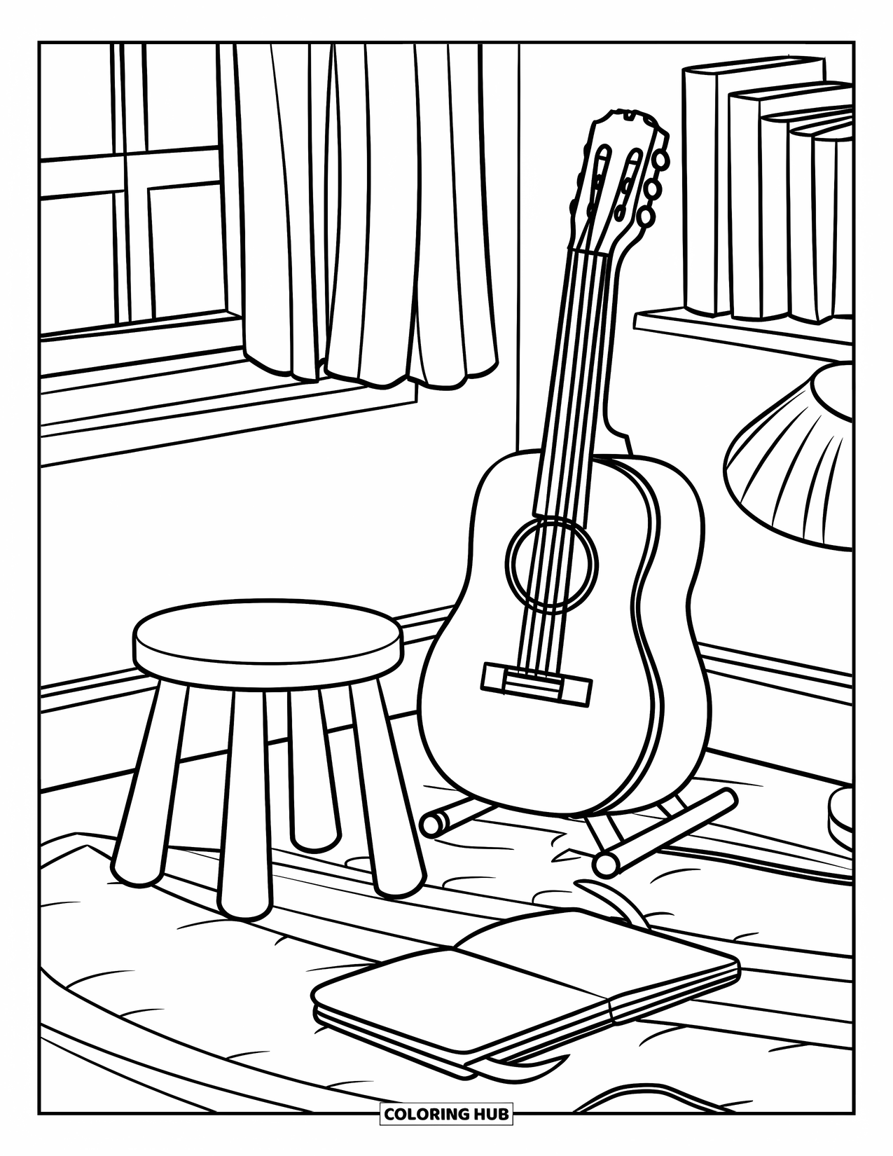 Bedroom Coloring Page for Kids: A peaceful room with a guitar, stool, notebook, and a few books on the wall