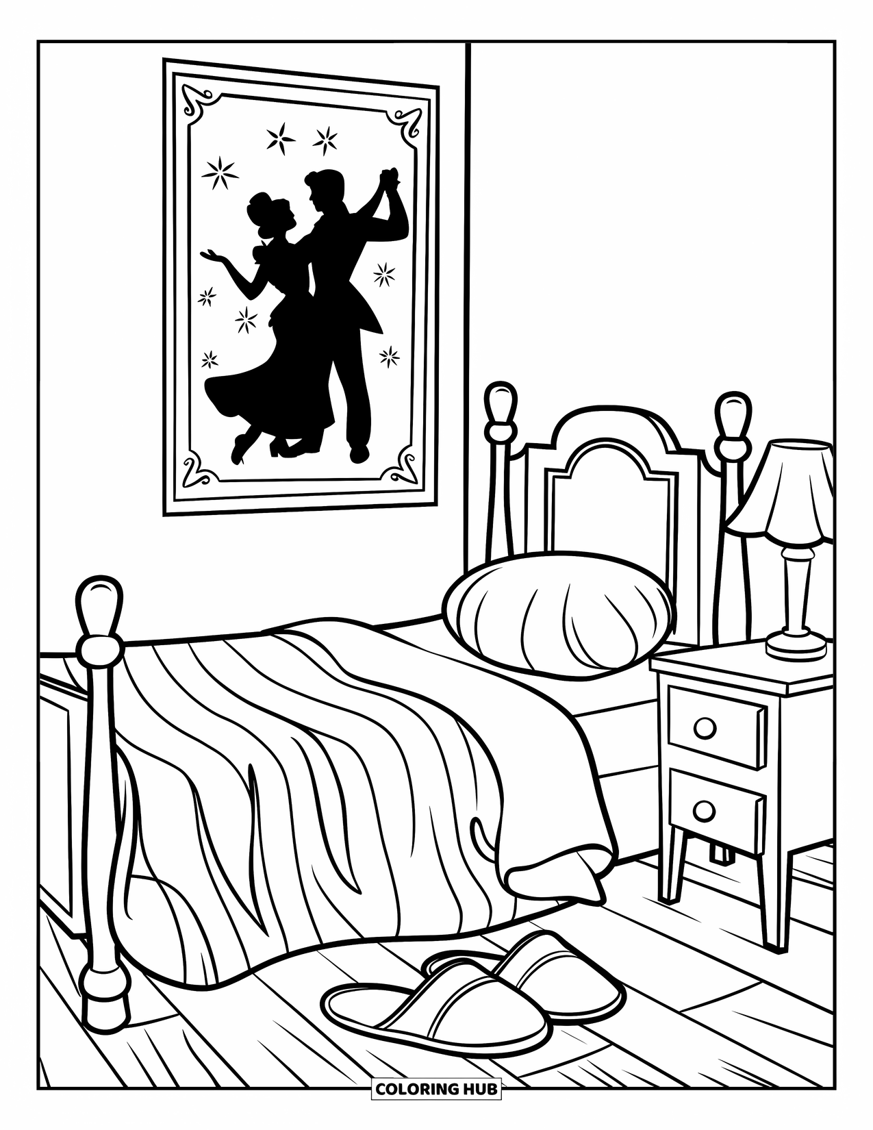 Bedroom Coloring Page for Kids: A peaceful setup with striped bedding, slippers, and a dancing couple poster