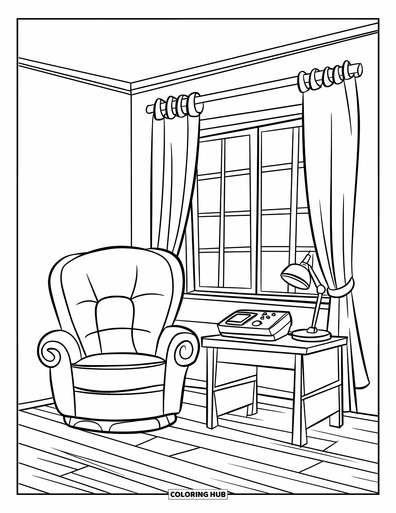 Bedroom Coloring Page for Kids: A quiet bedroom with a wooden floor, desk, game console, and a comfy chair