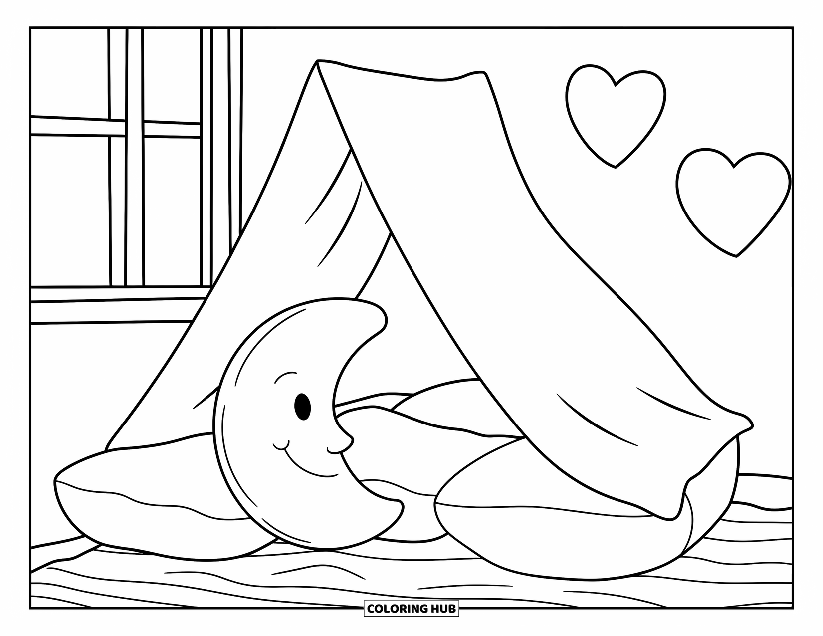 Bedroom Coloring Page for Kids: A room pillow fort with hearts on the wall and a window nearby