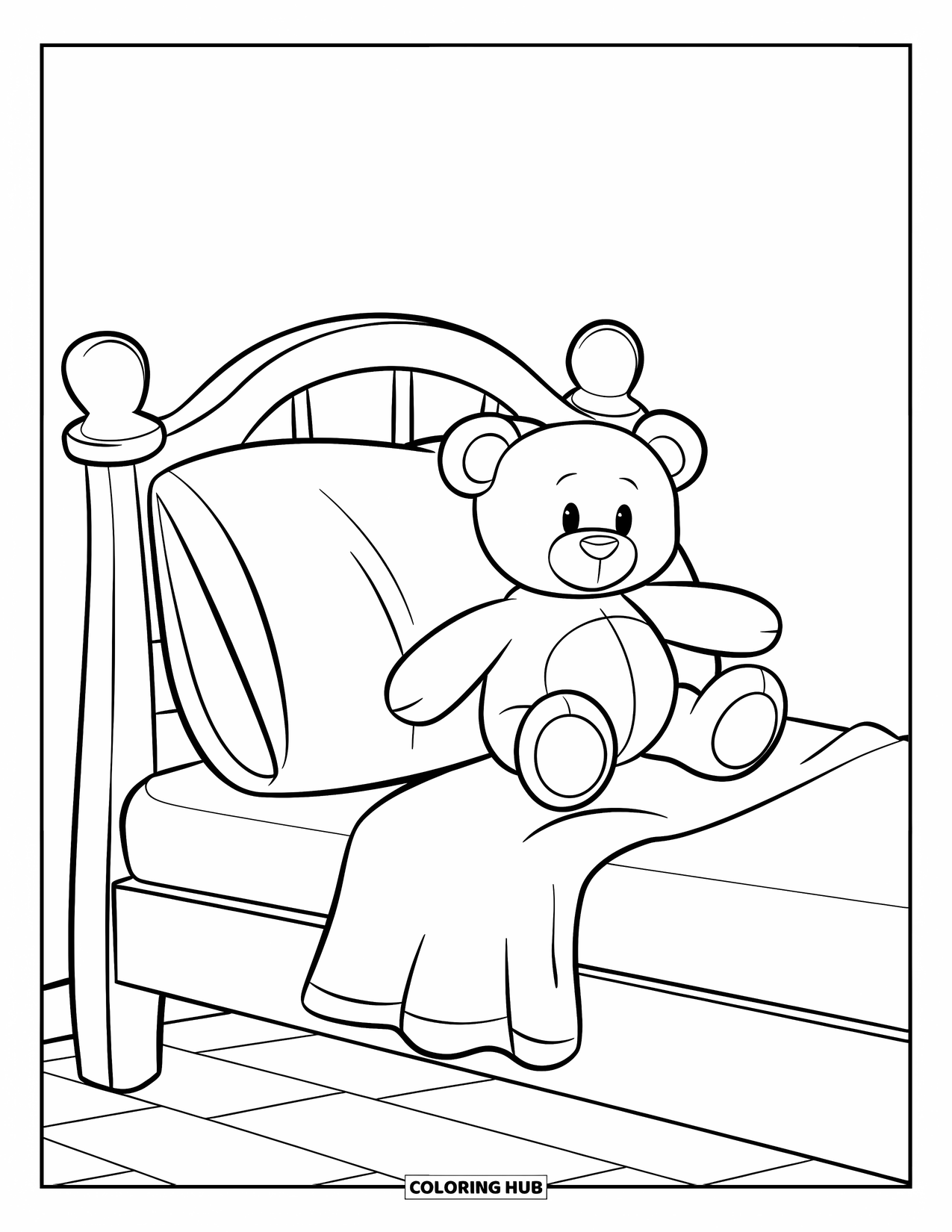 Bedroom Coloring Page for Kids: A single bed with a big pillow and a teddy bear resting on top
