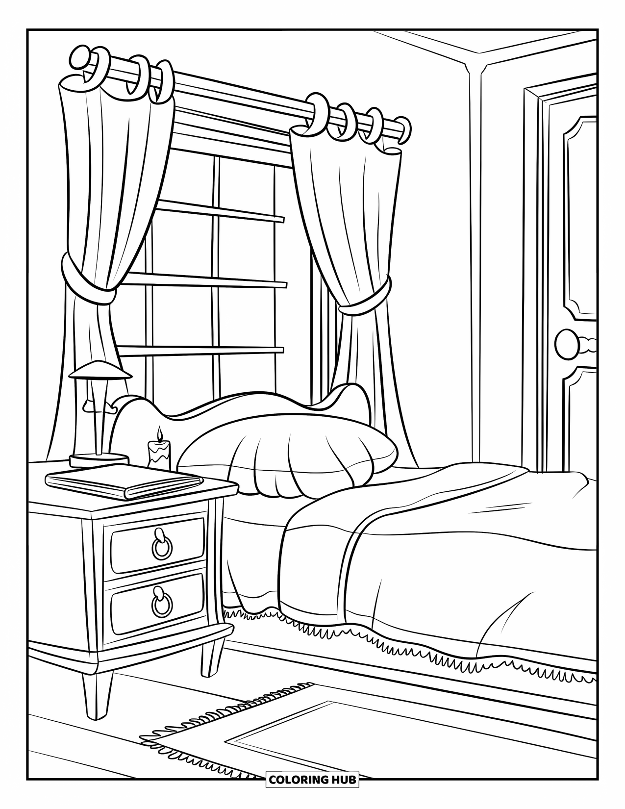 Bedroom Coloring Page for Kids: A soft bedroom setup with a rug, journal, candle, and a nightstand lamp