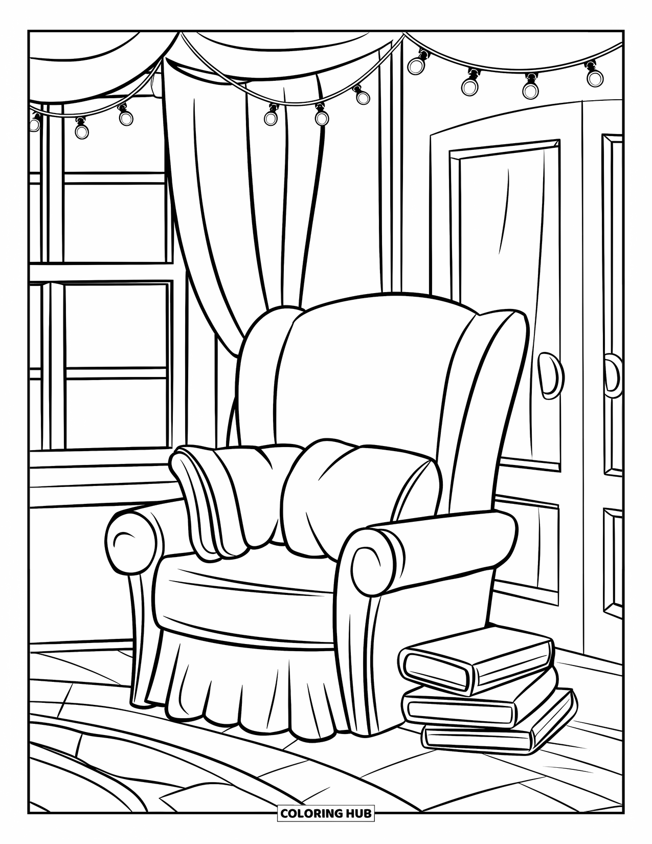 Bedroom Coloring Page for Kids: A soft reading nook with pillows, string lights, and a window with a curtain