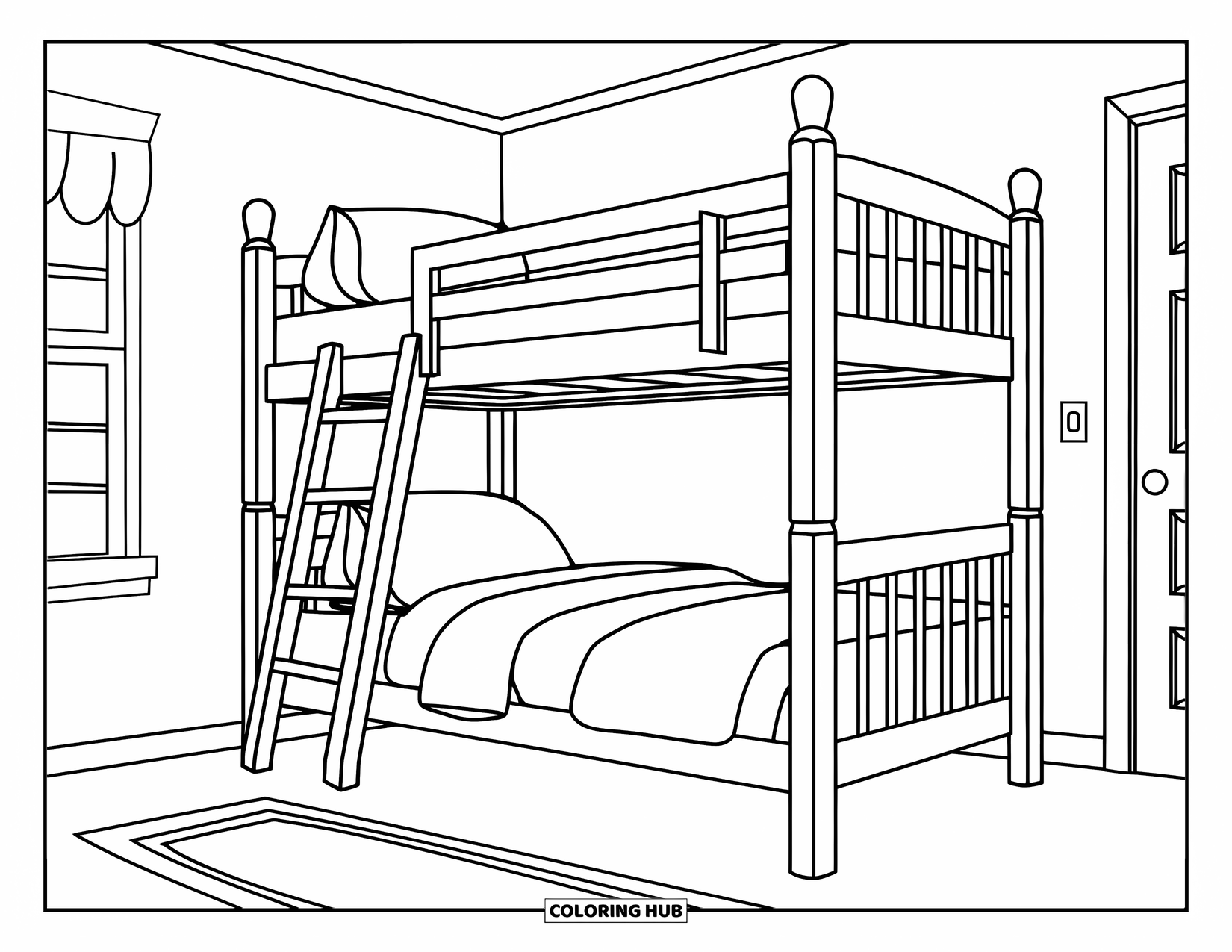 Bedroom Coloring Page for Kids: A tidy bunk bed with a pillow, folded blankets, lamp, and a clean floor