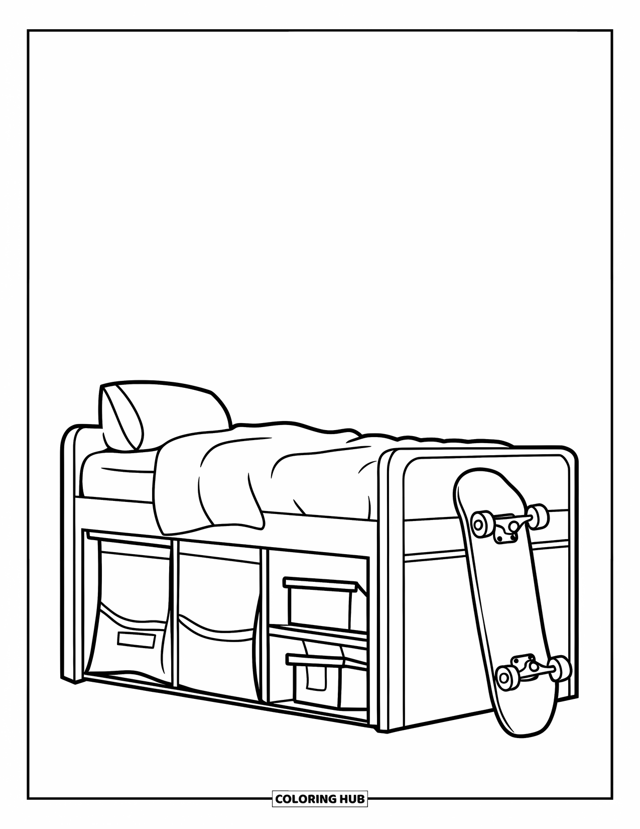 Bedroom Coloring Page for Kids: A tidy room with a loft bed, pillow, boxes, and a skateboard on the floor
