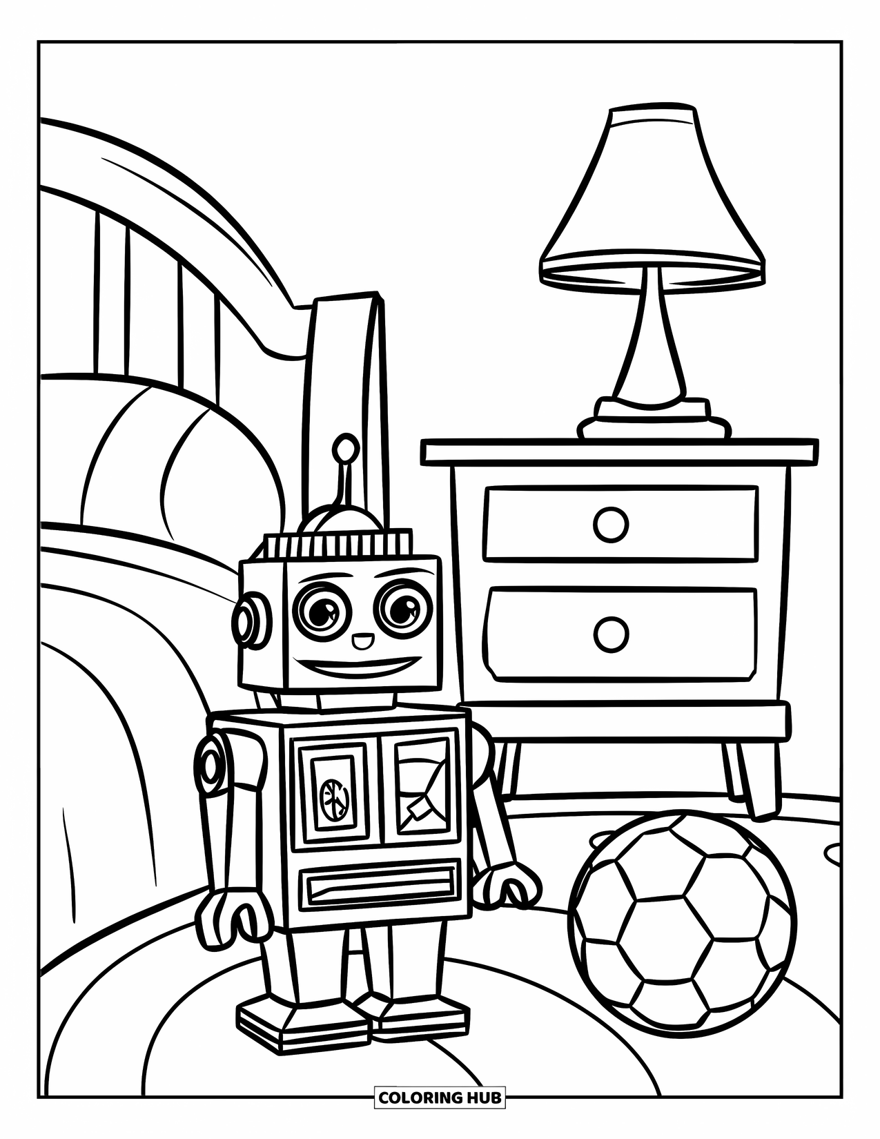 Bedroom Coloring Page for Kids: A toy robot and soccer ball sit beside a nightstand in a playful bedroom scene
