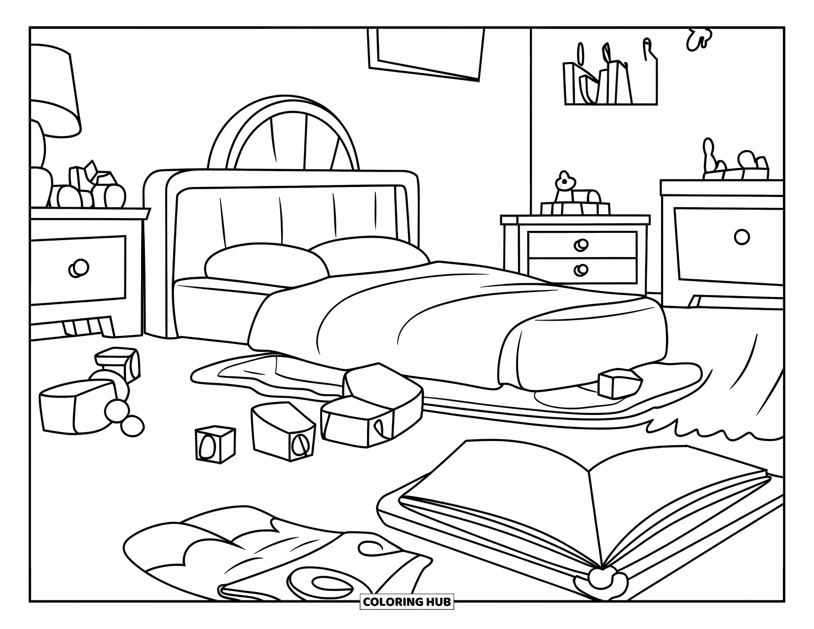 Bedroom Coloring Page for Kids: A warm room with toys, a book on the floor, and a low bed nearby