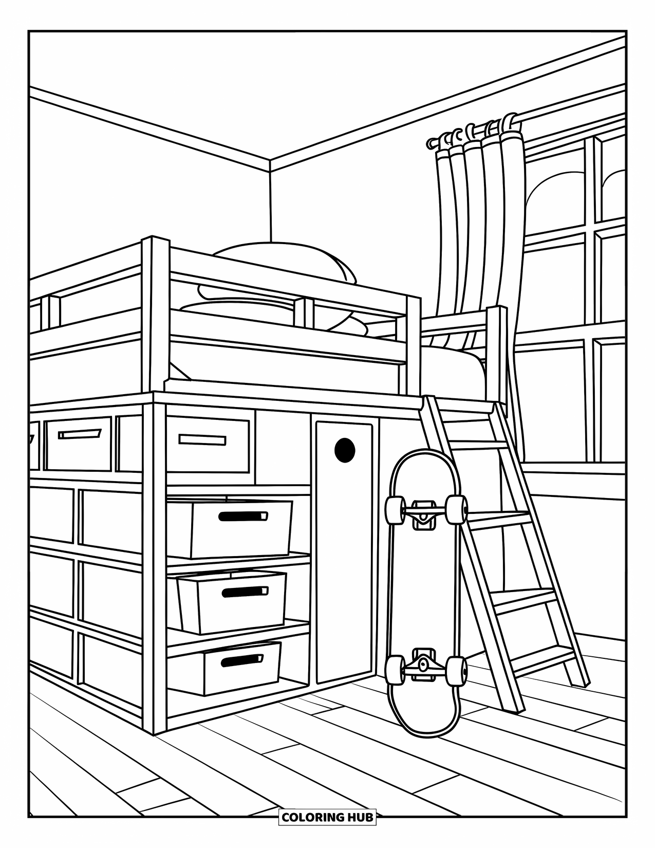 Bedroom Coloring Page for Kids: A wooden loft bed with boxes below and a skateboard near the window