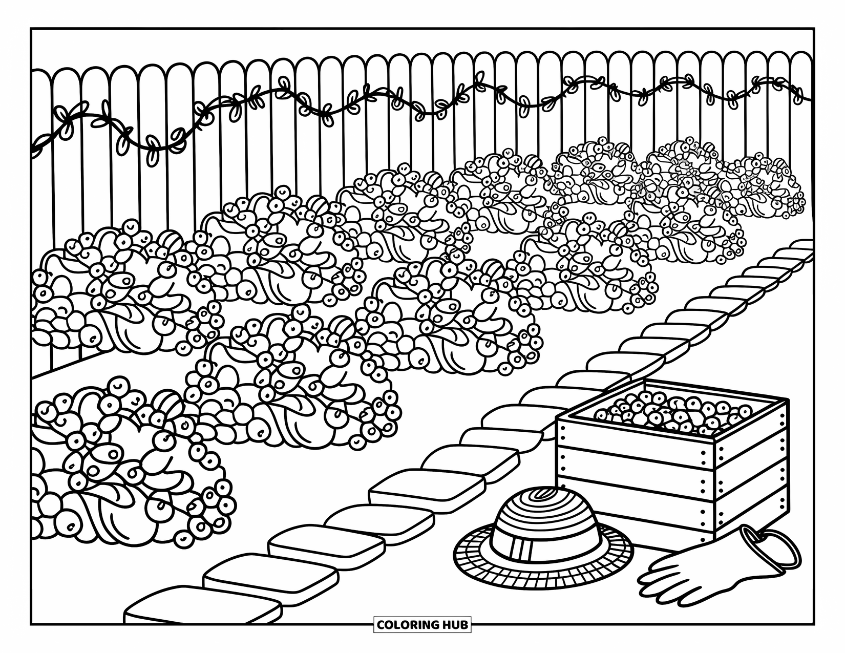 Berry Coloring Page for Adults: Berry bushes with crate, gloves, and a hat along a stone garden path